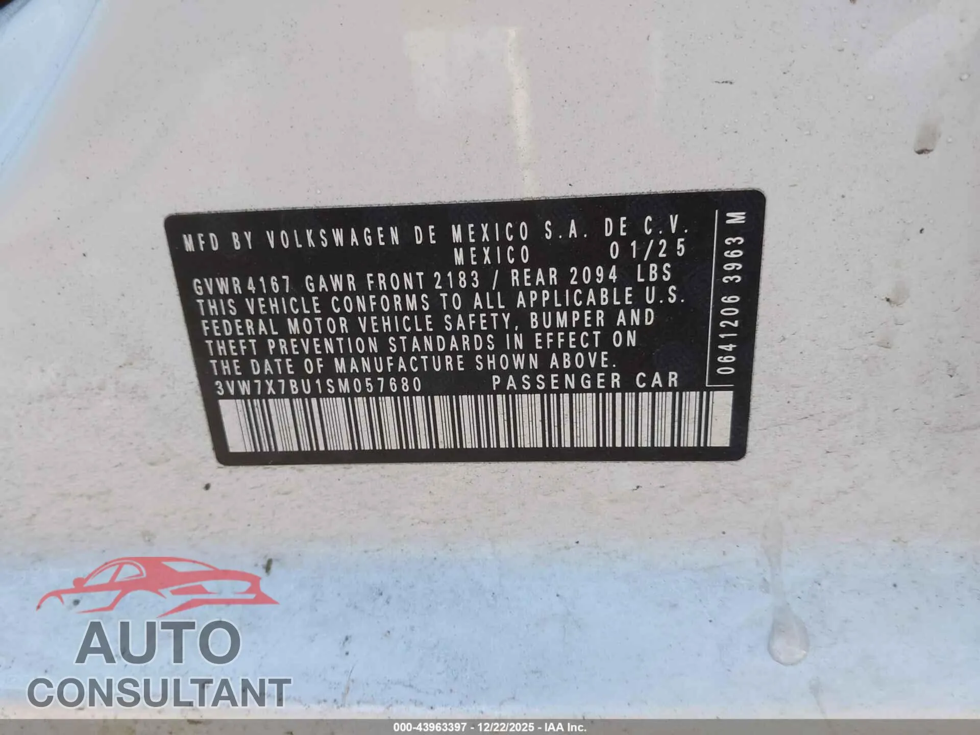 2025 VOLKSWAGEN JETTA Damaged VIN 3VW7X7BU1SM057680 – trunk area