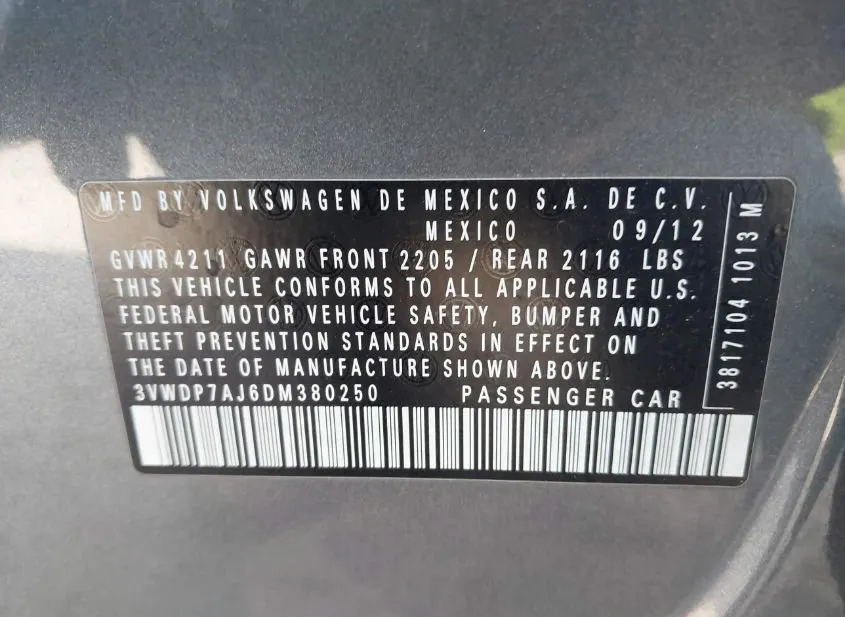 2013 VOLKSWAGEN Jetta Used VIN 3VWDP7AJ6DM380250 – odometer reading