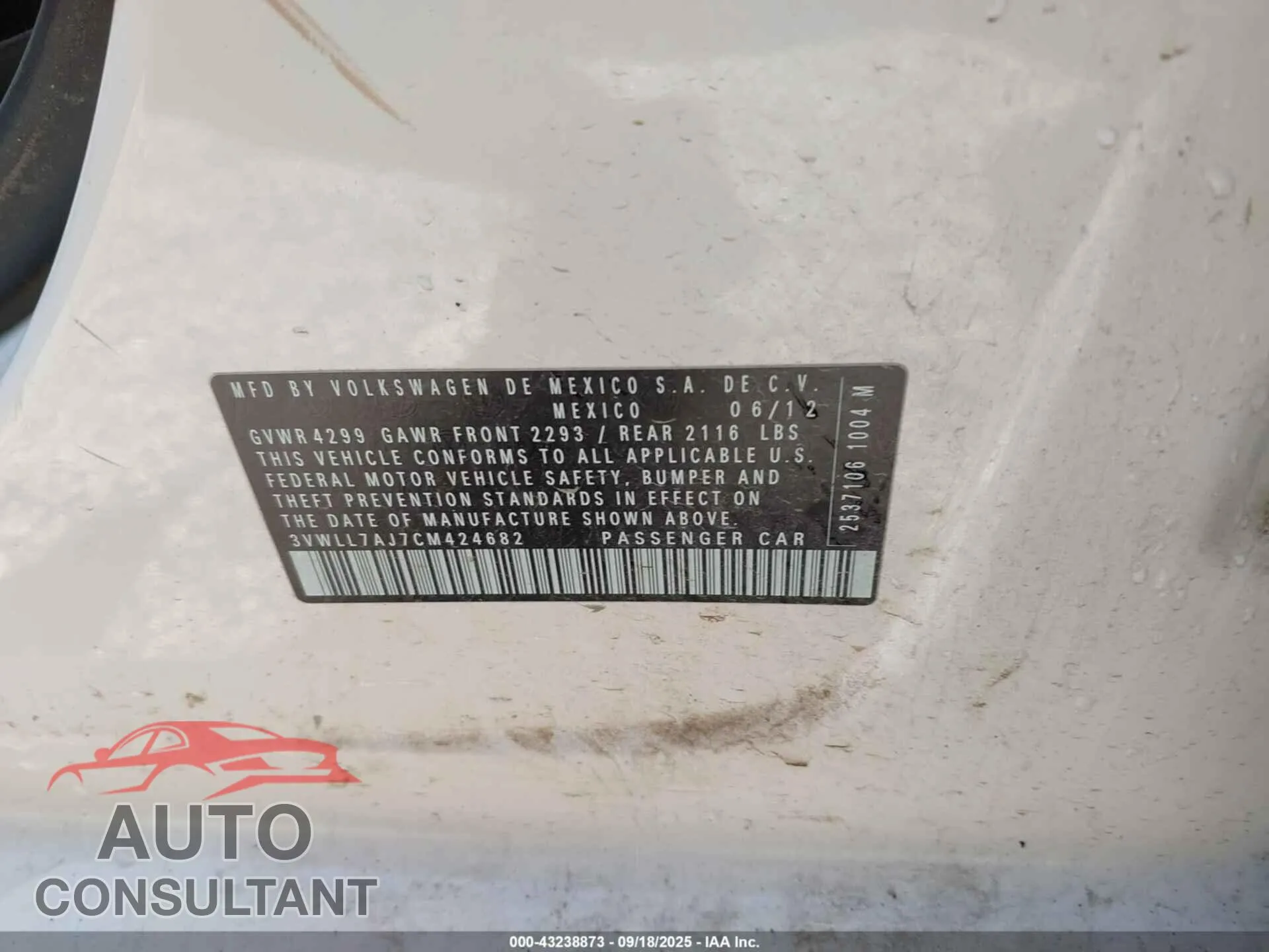 2012 VOLKSWAGEN JETTA Damaged VIN 3VWLL7AJ7CM424682 – trunk area