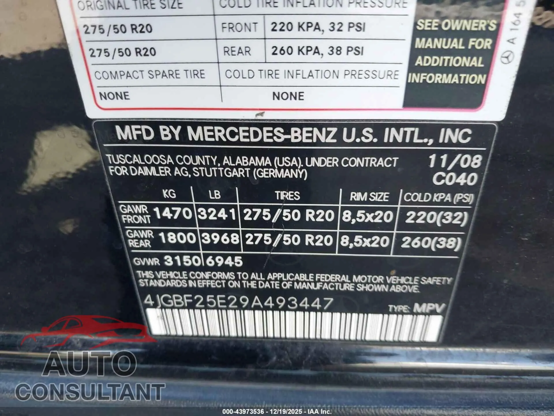 2009 MERCEDES-BENZ GL 320 BLUETEC Damaged VIN 4JGBF25E29A493447 – trunk area