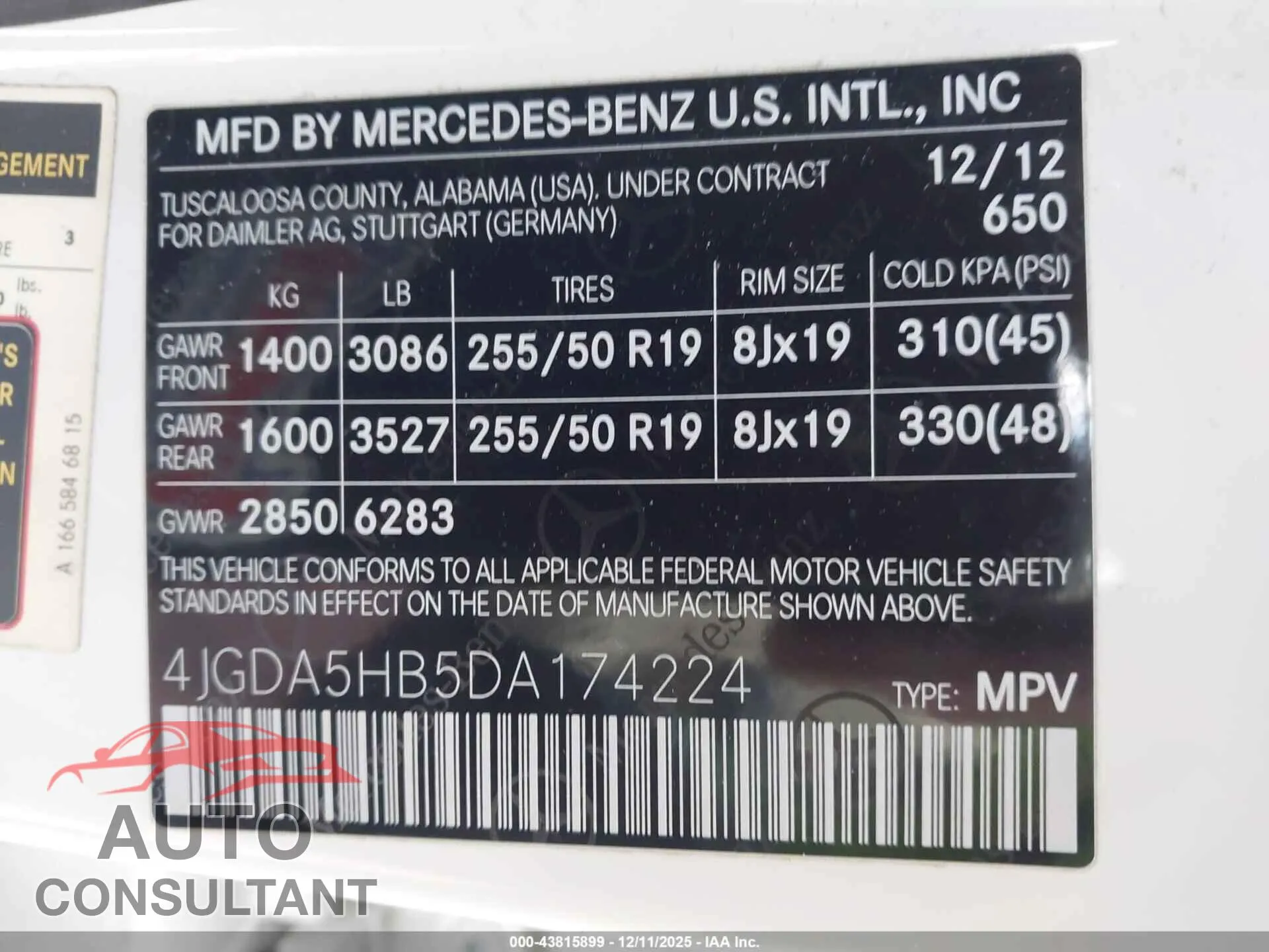 2013 MERCEDES-BENZ ML 350 Damaged VIN 4JGDA5HB5DA174224 – trunk area