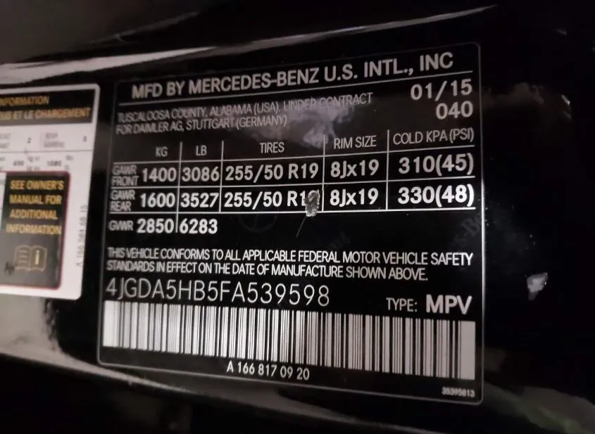2015 MERCEDES-BENZ ML-Class Used VIN 4JGDA5HB5FA539598 – odometer reading