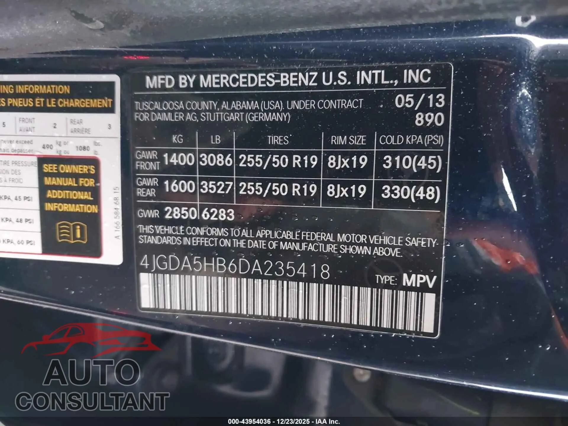 2013 MERCEDES-BENZ ML 350 Damaged VIN 4JGDA5HB6DA235418 – trunk area