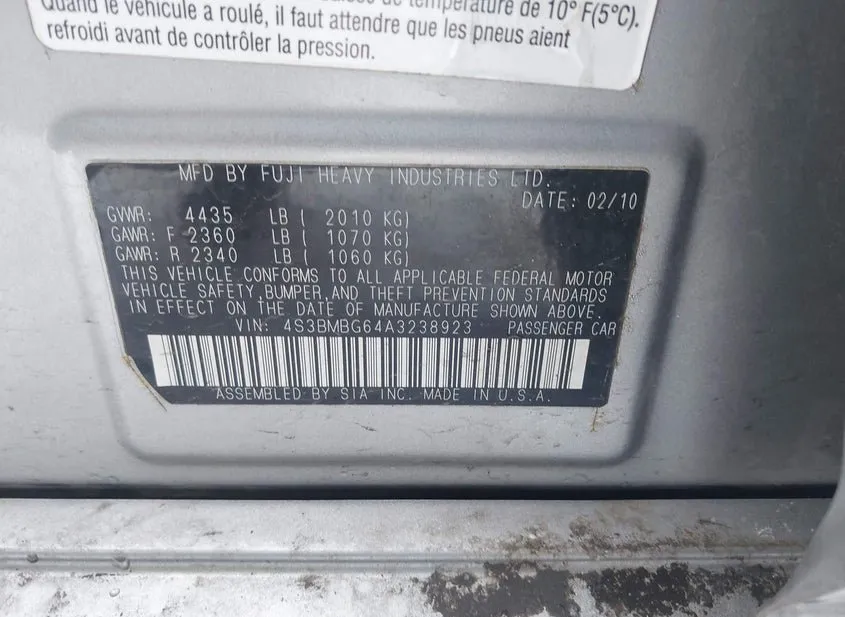 2010 SUBARU Legacy Used VIN 4S3BMBG64A3238923 – side profile