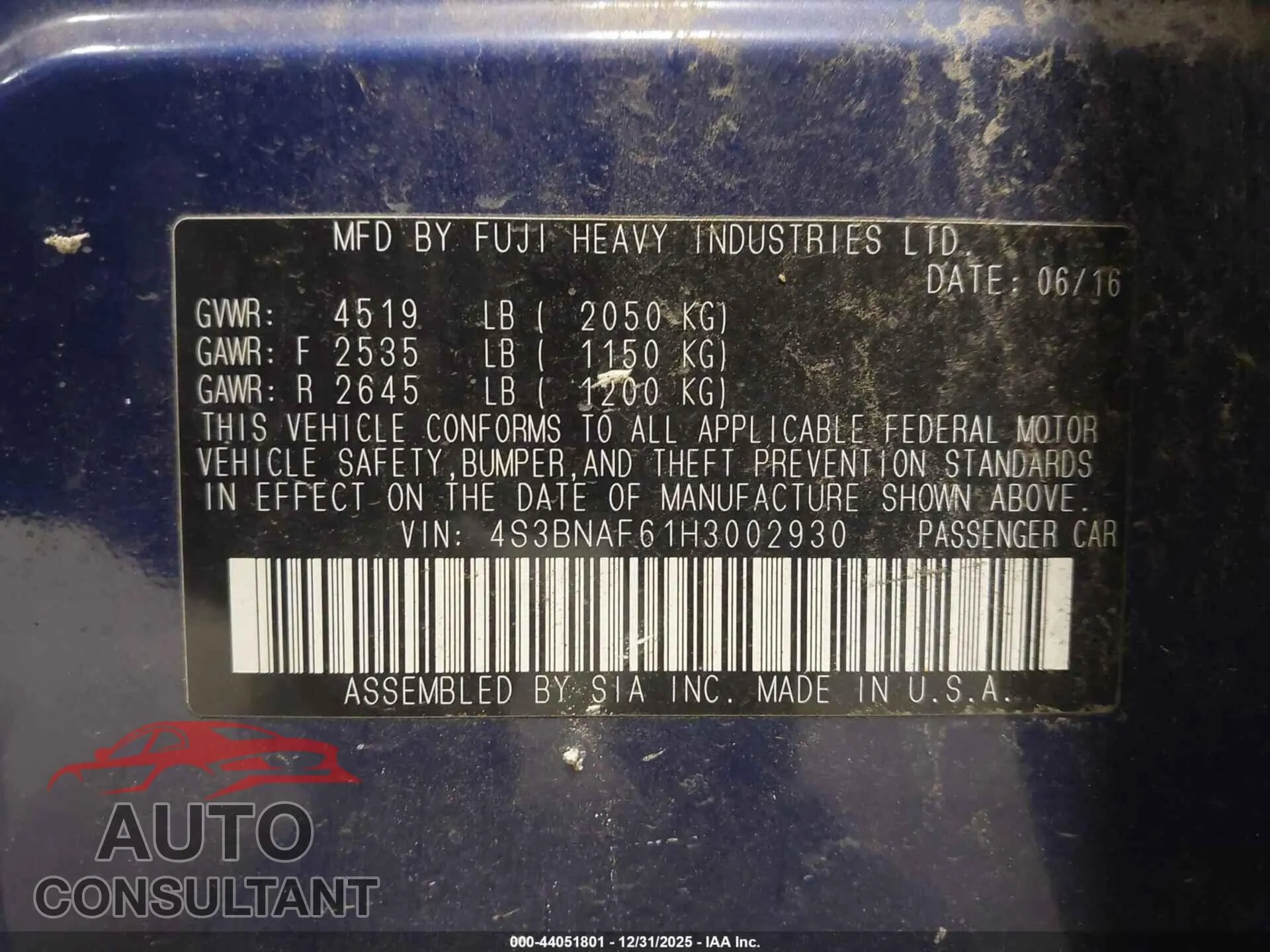 2017 SUBARU LEGACY Damaged VIN 4S3BNAF61H3002930 – trunk area