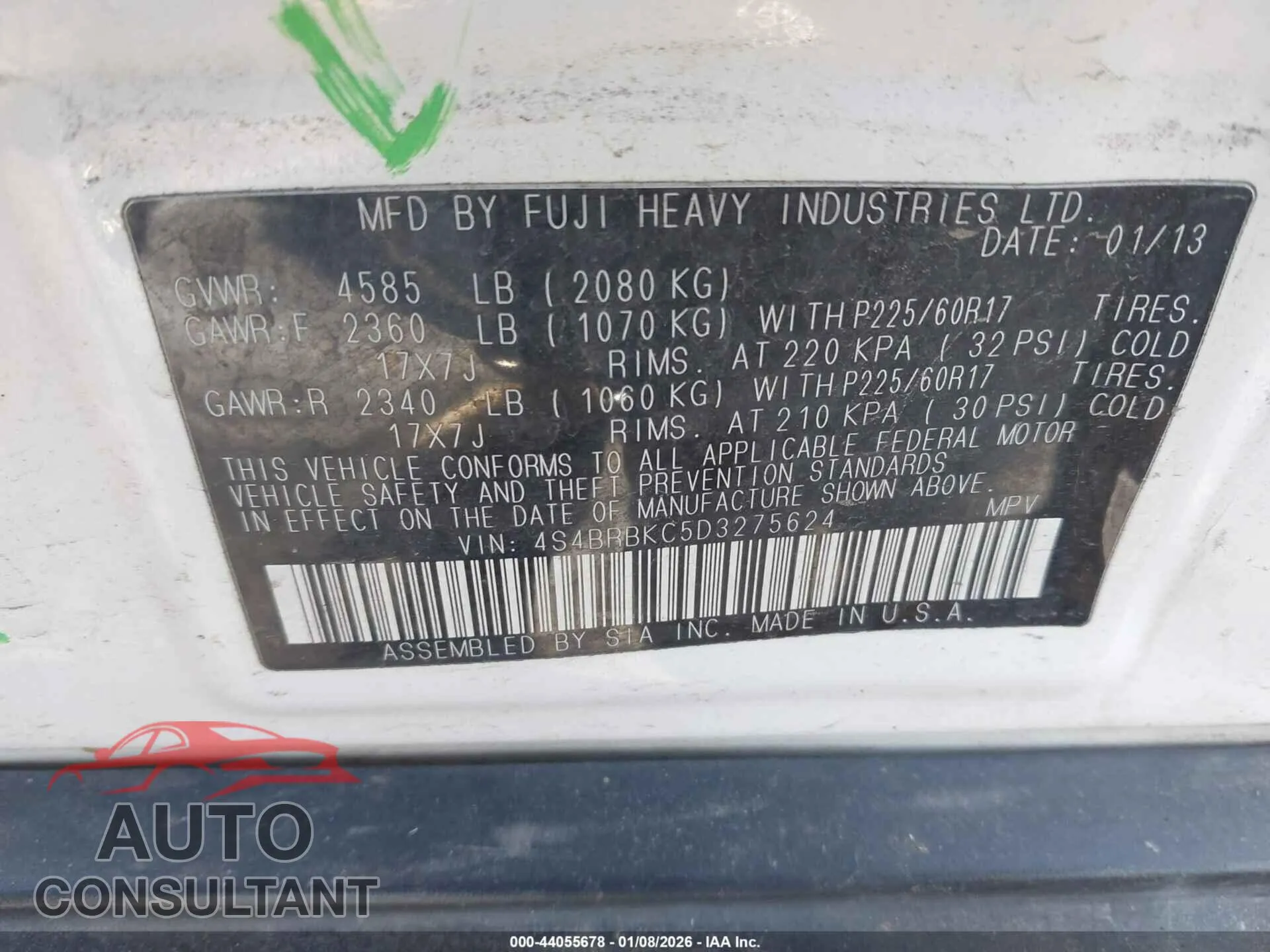 2013 SUBARU OUTBACK Damaged VIN 4S4BRBKC5D3275624 – trunk area
