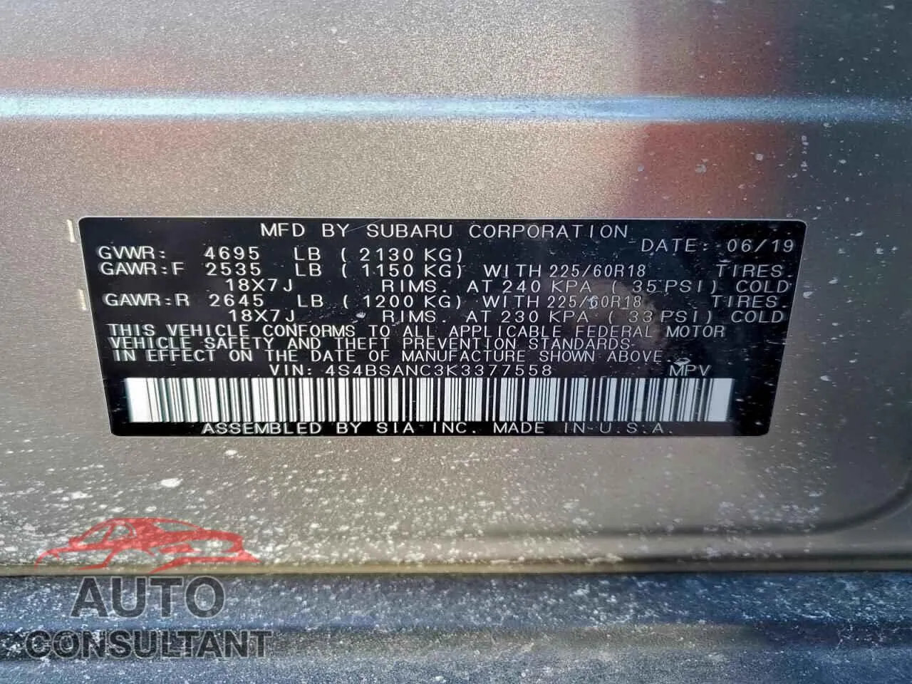 2019 SUBARU OUTBACK Damaged VIN 4S4BSANC3K3377558 – photo 12