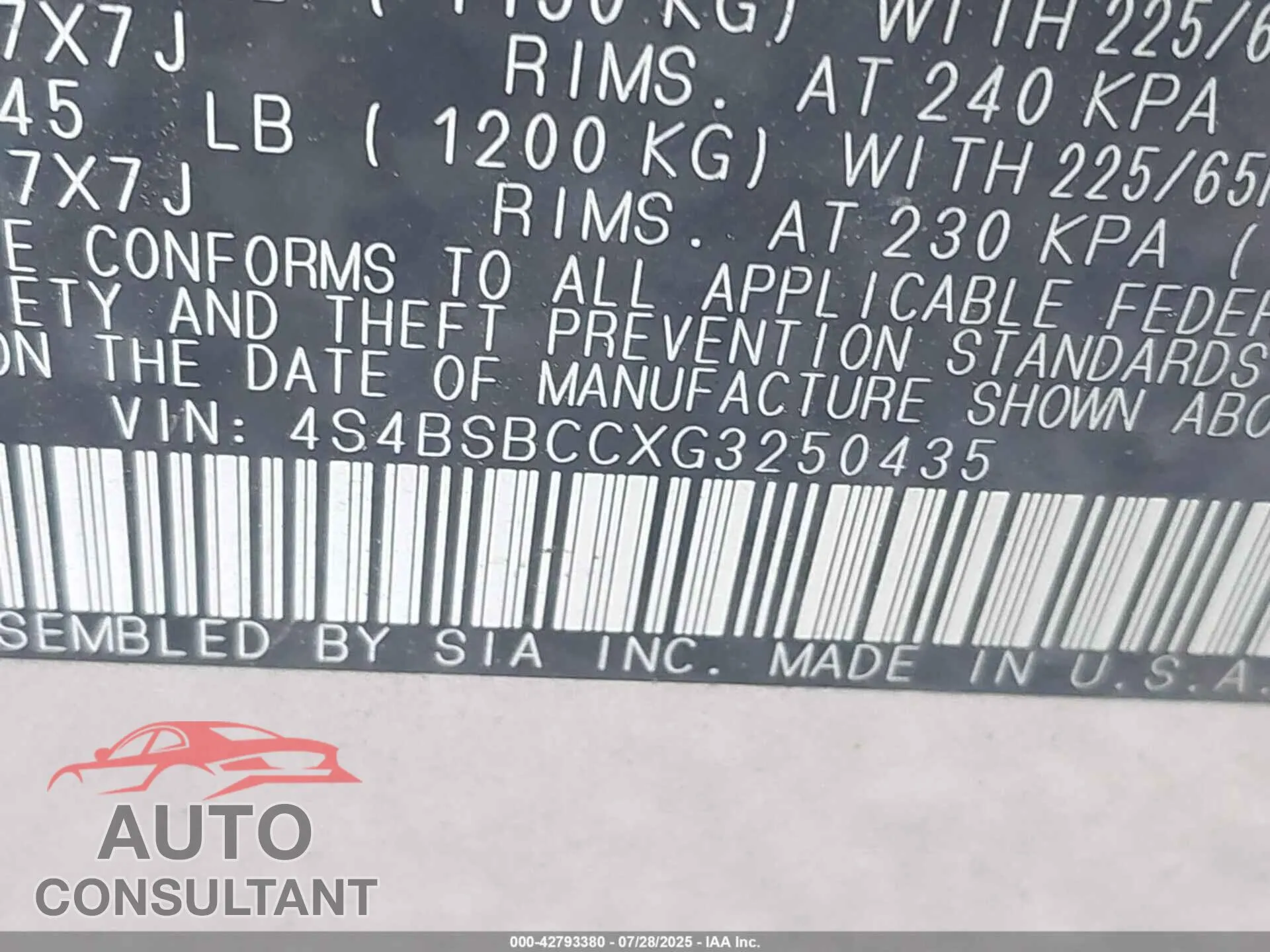 2016 SUBARU OUTBACK Damaged VIN 4S4BSBCCXG3250435 – trunk area