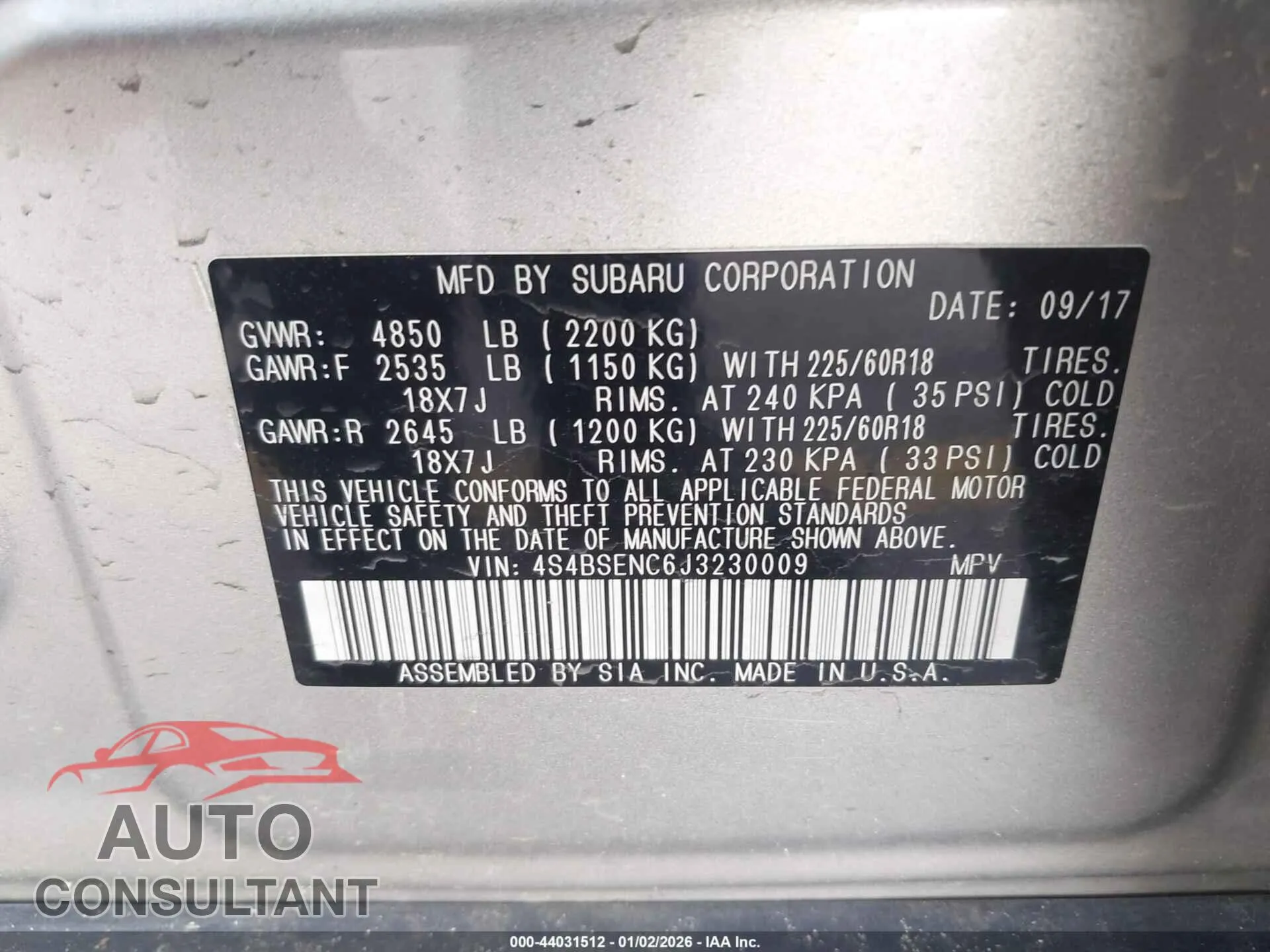 2018 SUBARU OUTBACK Damaged VIN 4S4BSENC6J3230009 – trunk area