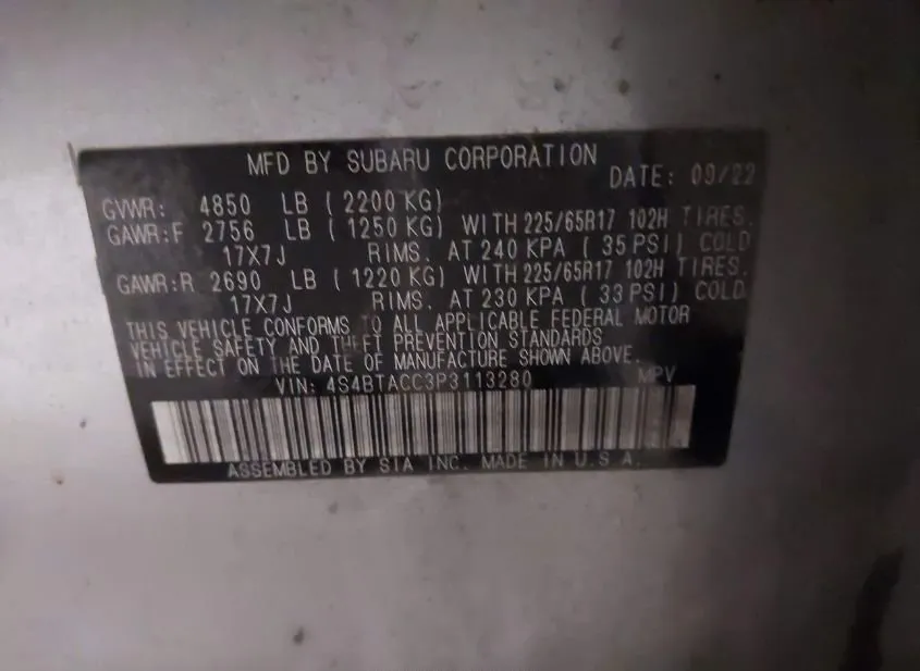 2023 SUBARU Outback Used VIN 4S4BTACC3P3113280 – trunk area