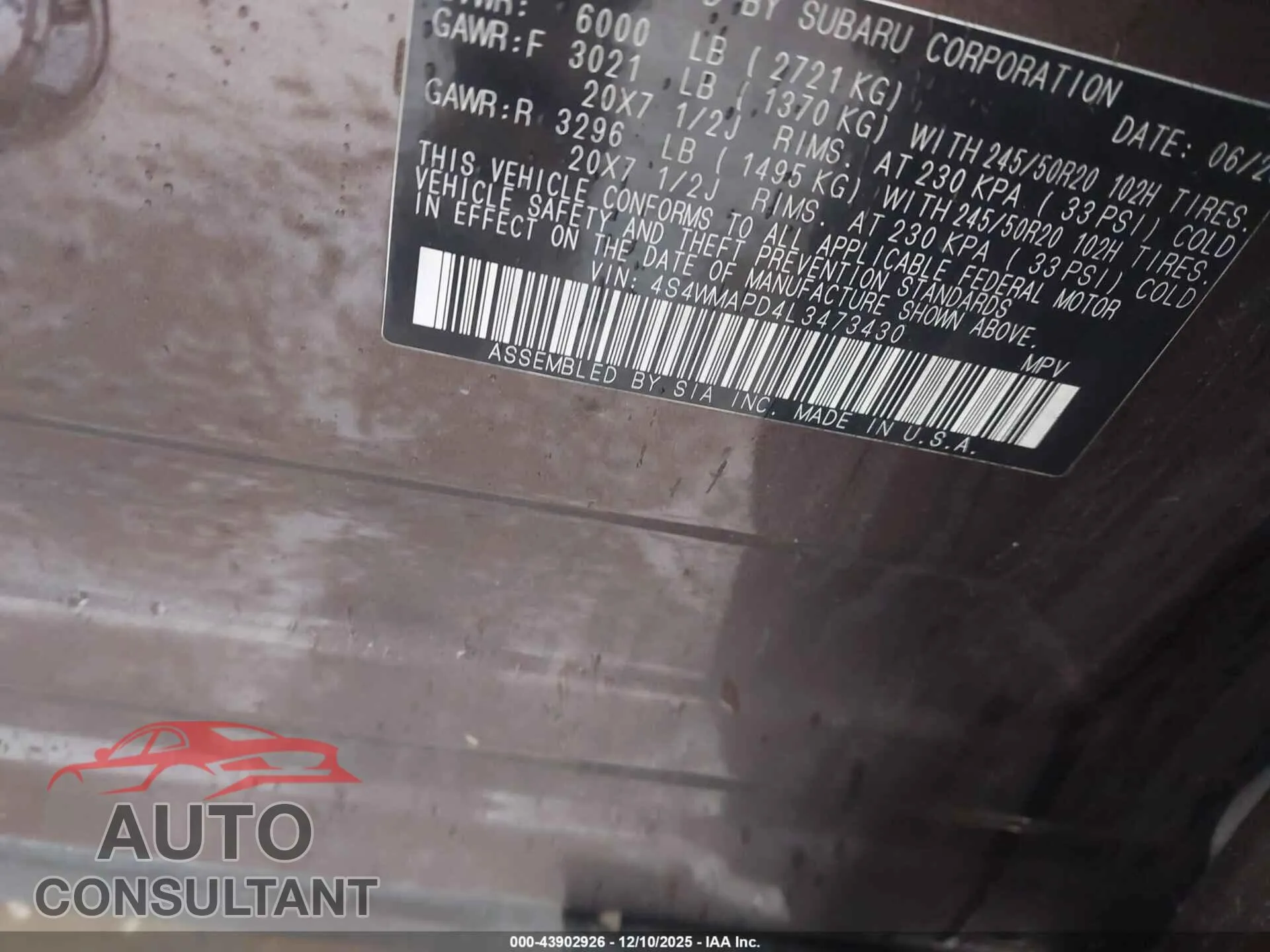 2020 SUBARU ASCENT Damaged VIN 4S4WMAPD4L3473430 – trunk area