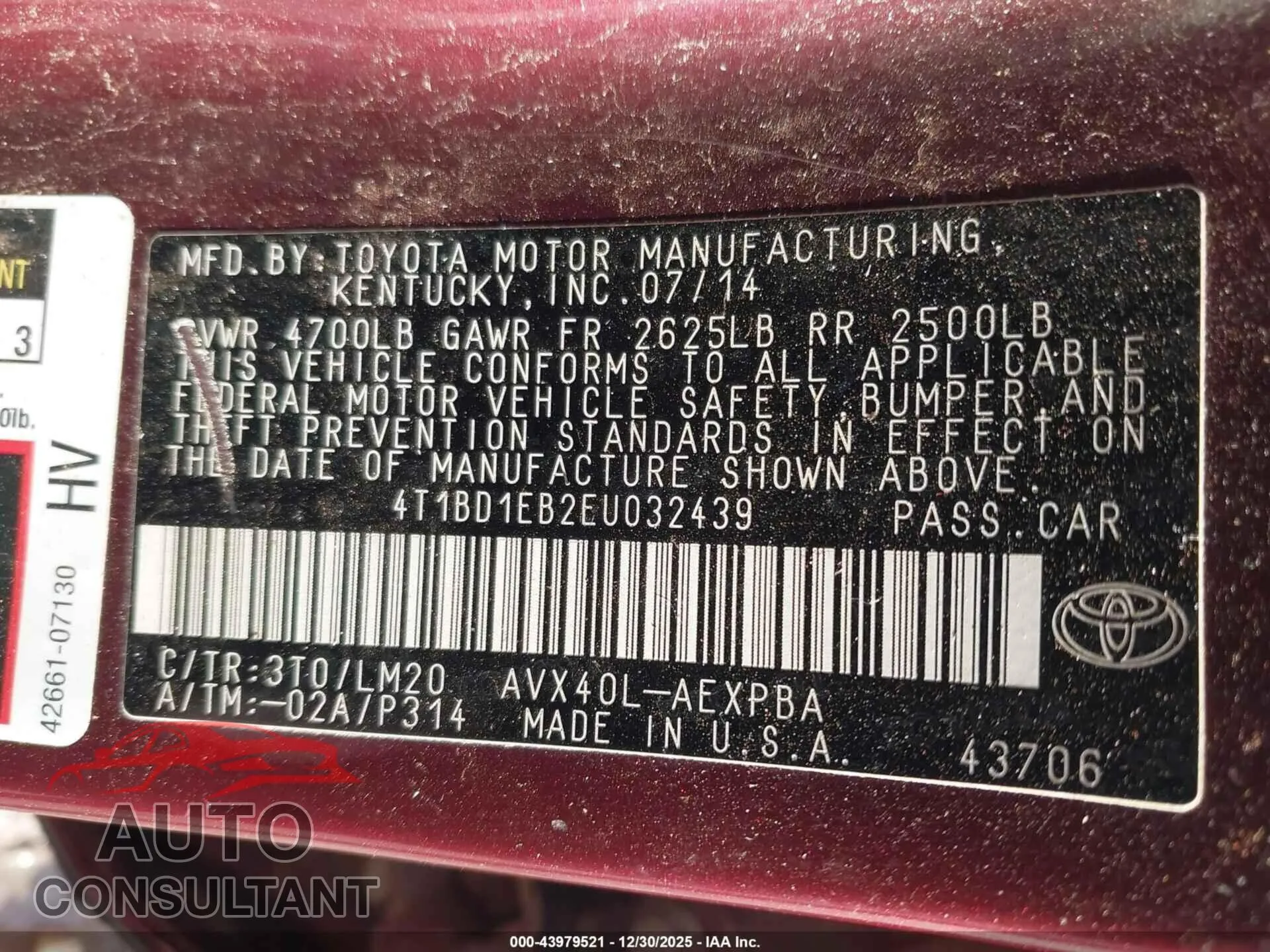 2014 TOYOTA AVALON HYBRID Damaged VIN 4T1BD1EB2EU032439 – trunk area