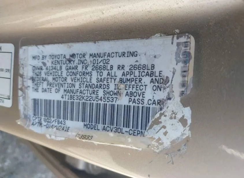 2002 TOYOTA Camry Used VIN 4T1BE32K22U545537 – photo 12