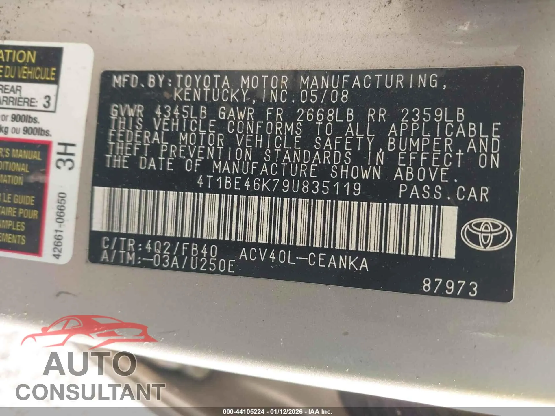 2009 TOYOTA CAMRY Damaged VIN 4T1BE46K79U835119 – trunk area