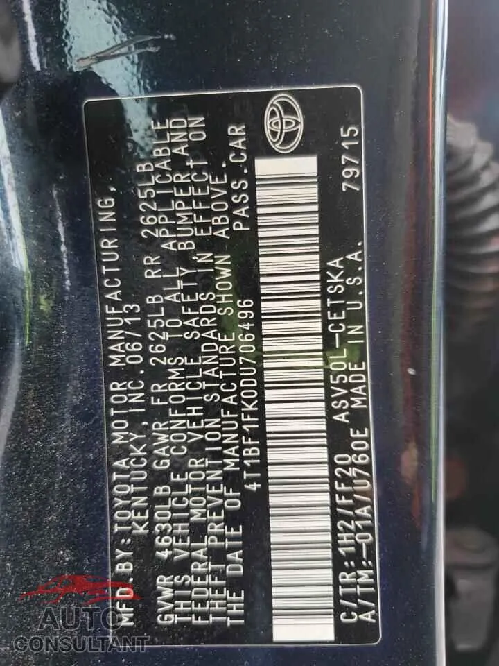 2013 TOYOTA CAMRY Damaged VIN 4T1BF1FK0DU706496 – photo 12