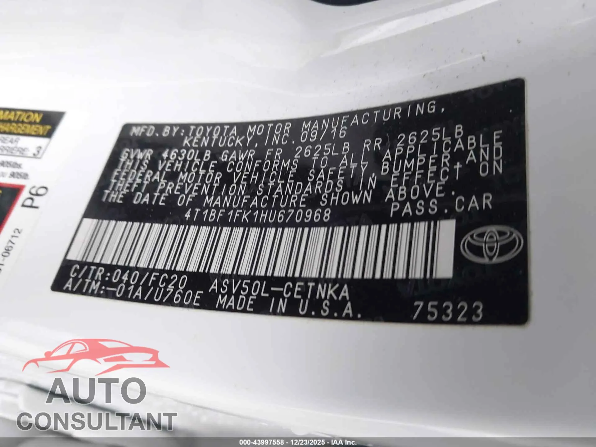 2017 TOYOTA CAMRY Damaged VIN 4T1BF1FK1HU670968 – trunk area