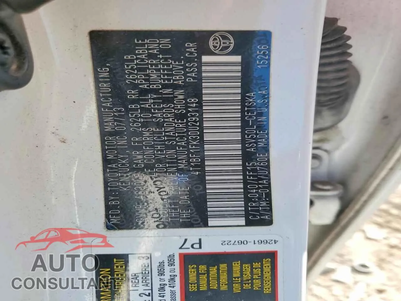 2013 TOYOTA CAMRY Damaged VIN 4T1BF1FK3DU293148 – photo 12 2013 TOYOTA CAMRY Damaged VIN 4T1BF1FK3DU293148 – photo 12