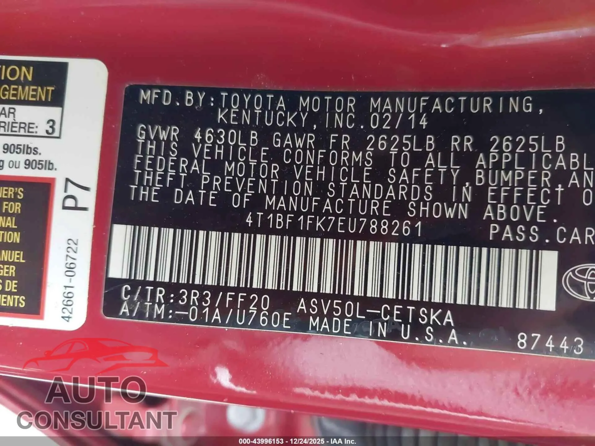 2014 TOYOTA CAMRY Damaged VIN 4T1BF1FK7EU788261 – trunk area