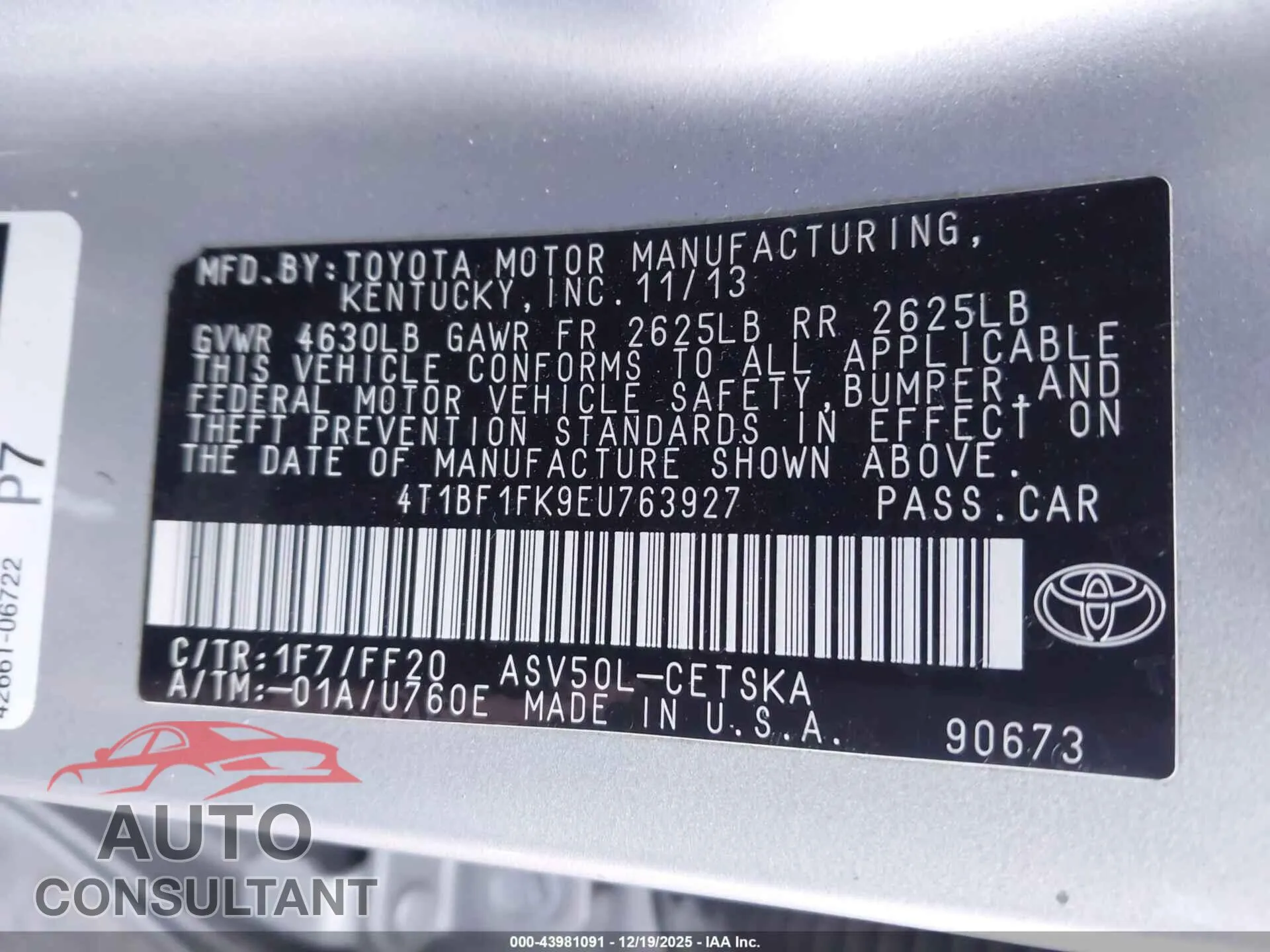 2014 TOYOTA CAMRY Damaged VIN 4T1BF1FK9EU763927 – trunk area