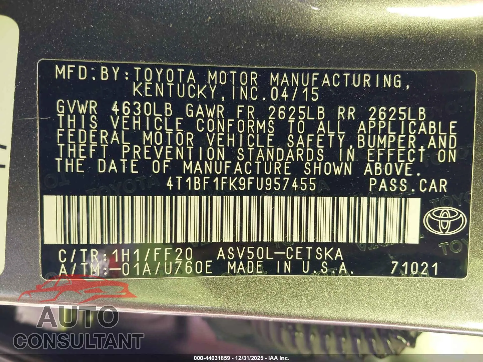 2015 TOYOTA CAMRY Damaged VIN 4T1BF1FK9FU957455 – trunk area