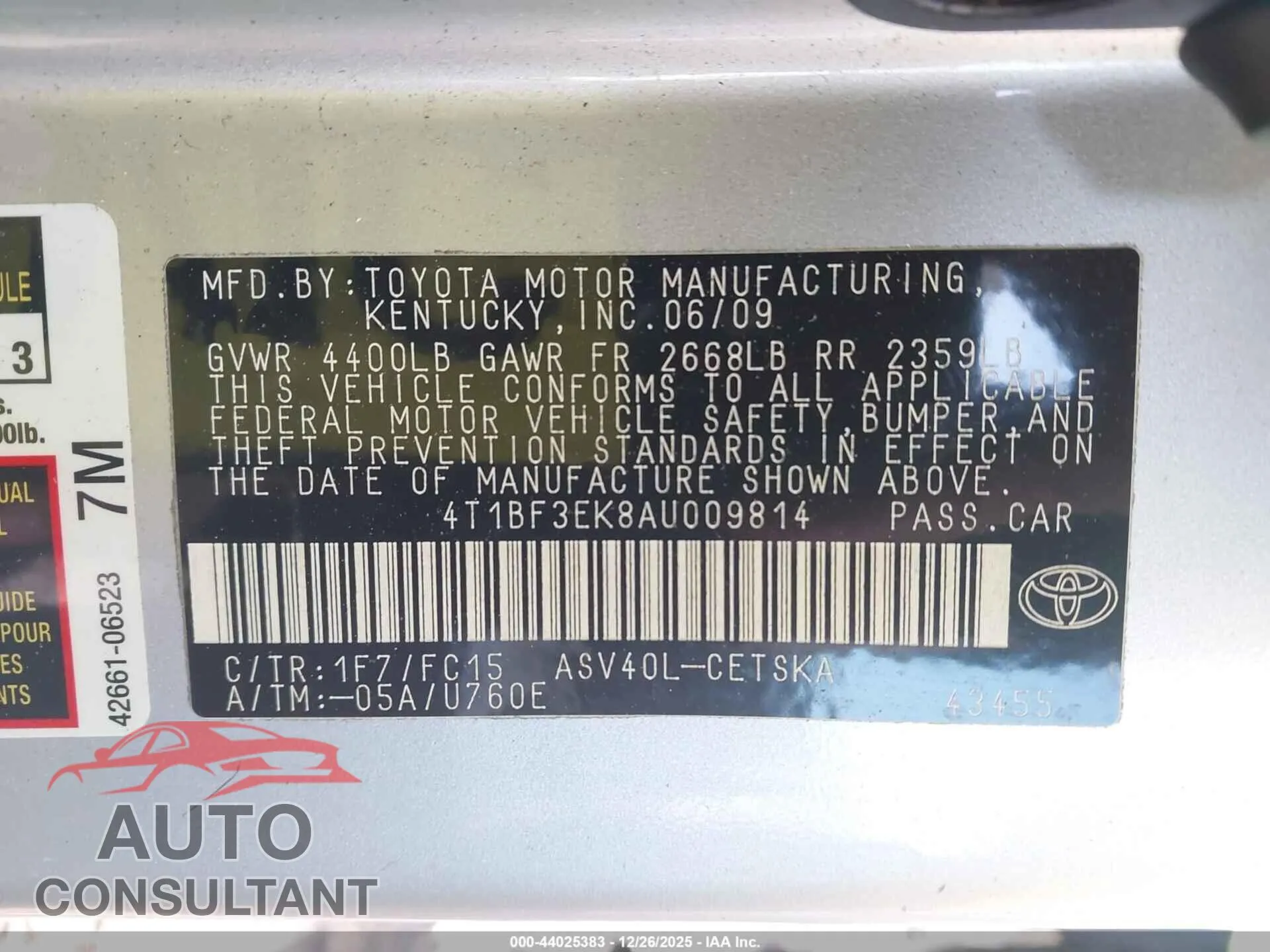 2010 TOYOTA CAMRY Damaged VIN 4T1BF3EK8AU009814 – trunk area