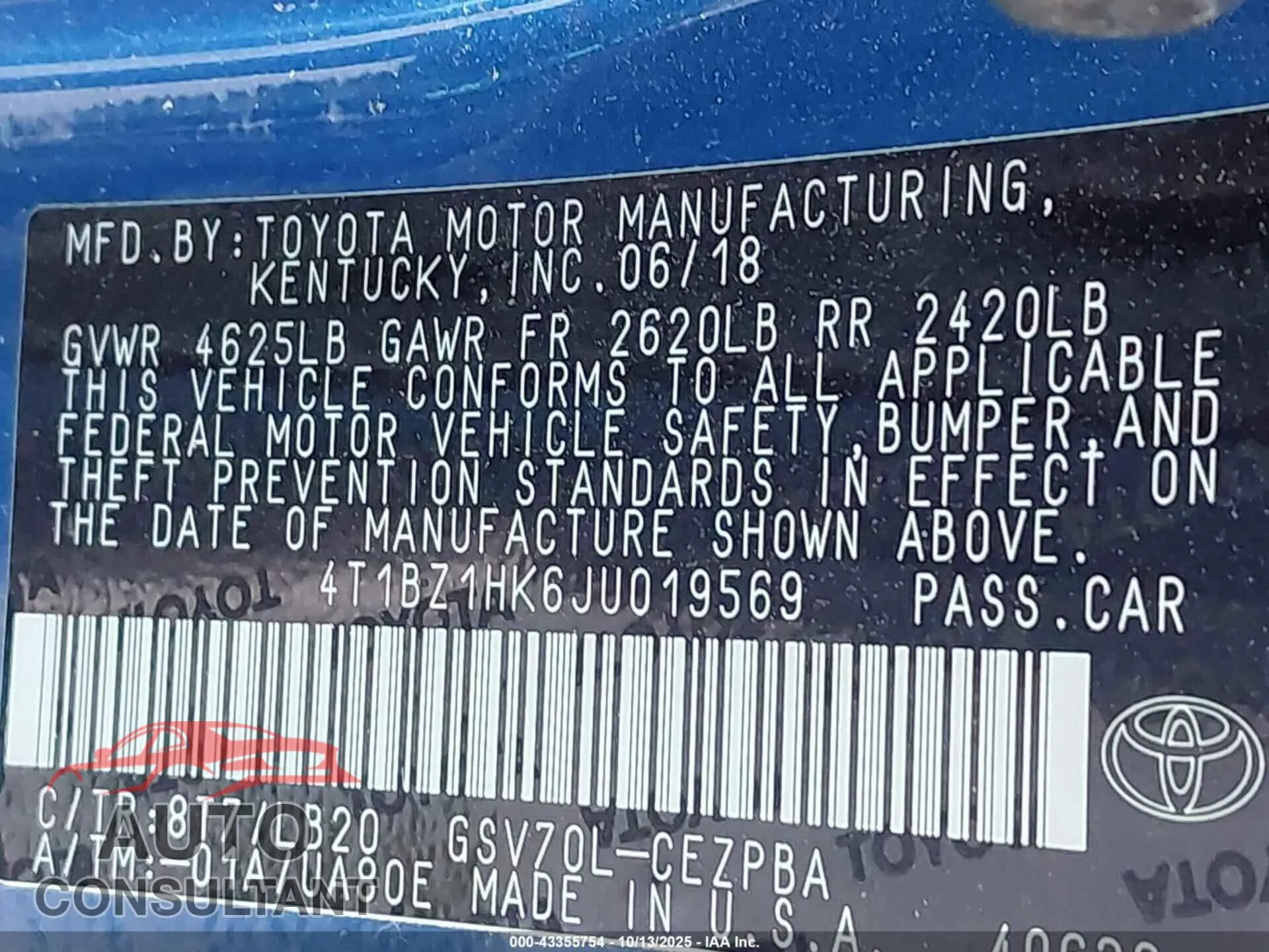 2018 TOYOTA CAMRY Damaged VIN 4T1BZ1HK6JU019569 – trunk area