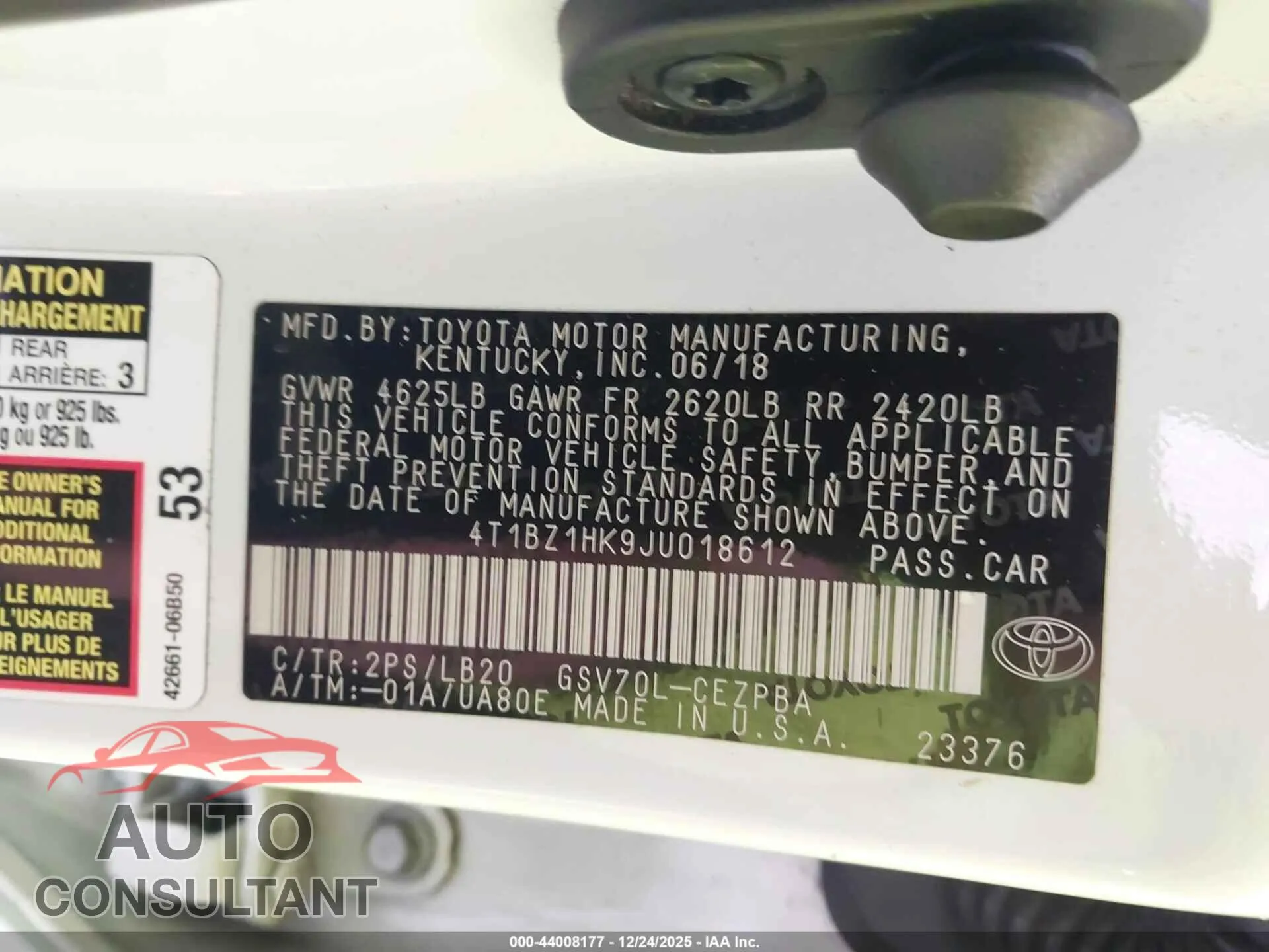 2018 TOYOTA CAMRY Damaged VIN 4T1BZ1HK9JU018612 – trunk area