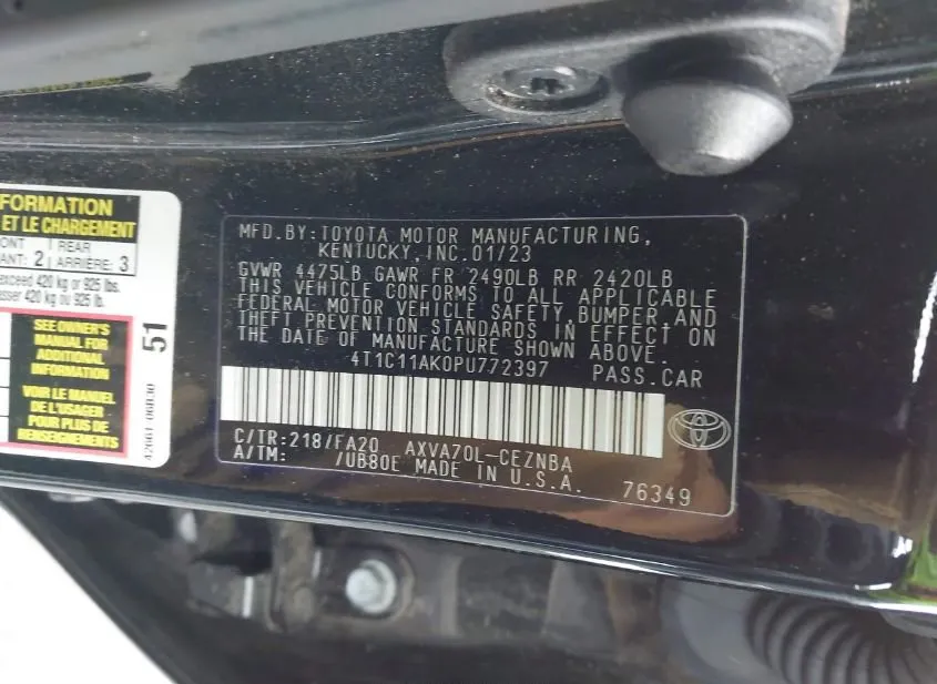 2023 TOYOTA Camry Used VIN 4T1C11AK0PU772397 – engine bay 2023 TOYOTA Camry Used VIN 4T1C11AK0PU772397 – engine bay