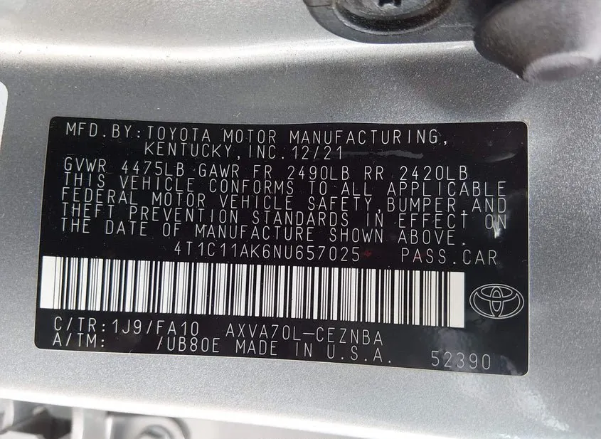2022 TOYOTA Camry VIN 4T1C11AK6NU657025