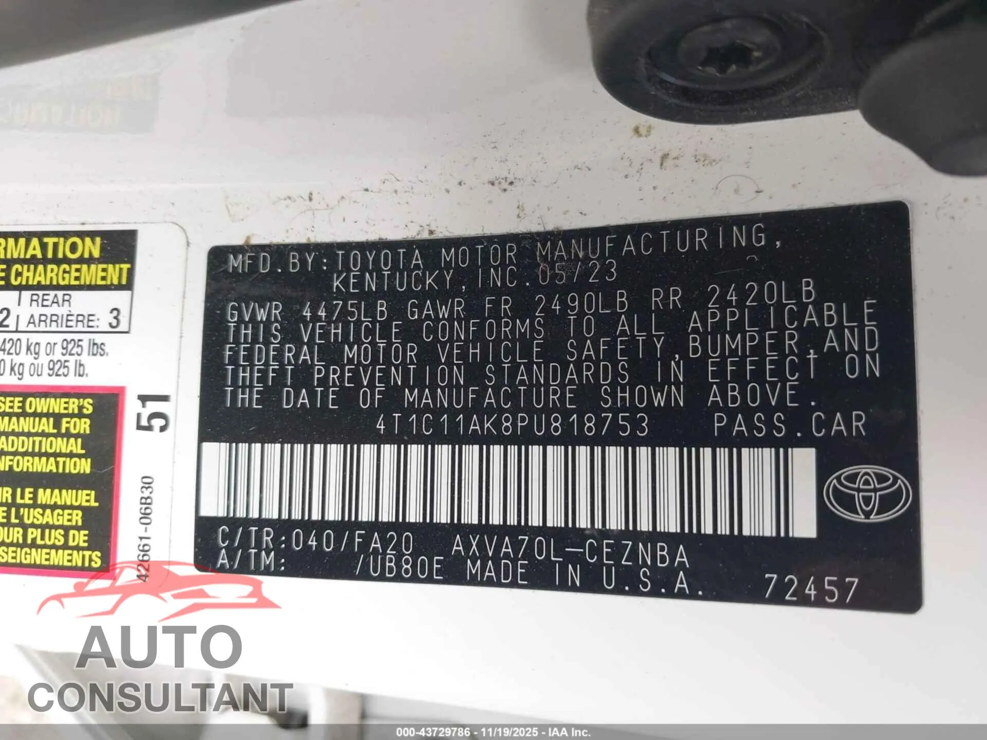 2023 TOYOTA CAMRY Damaged VIN 4T1C11AK8PU818753 – trunk area