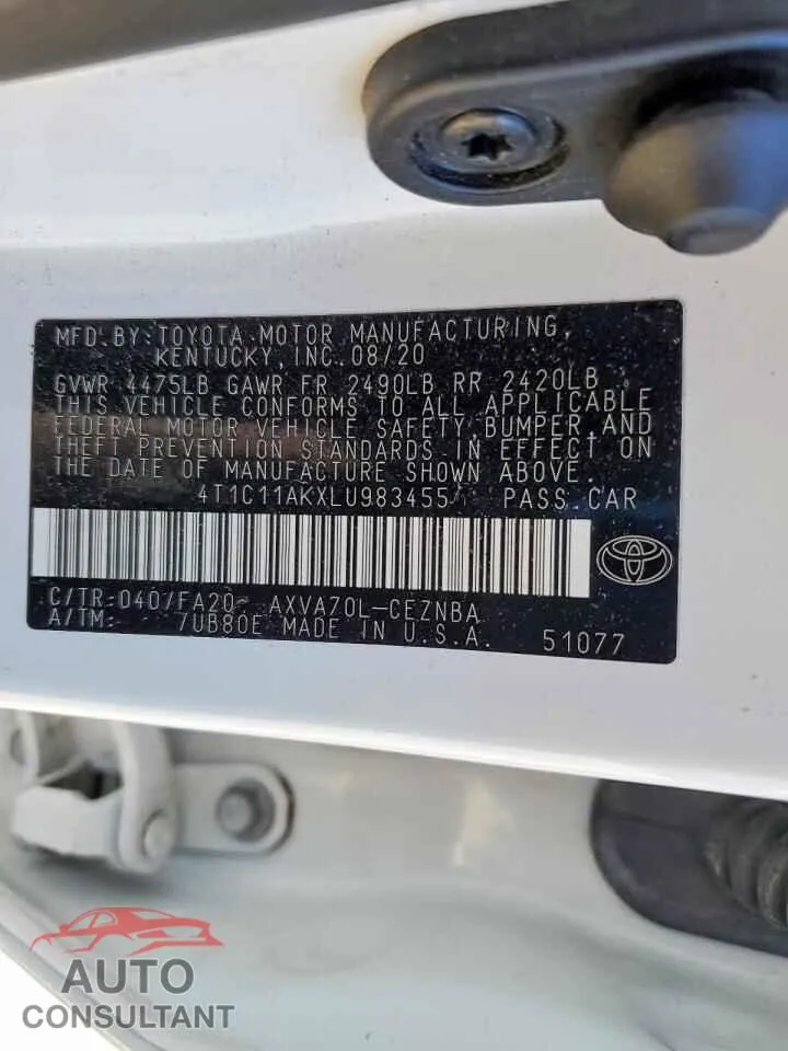 2020 TOYOTA CAMRY Damaged VIN 4T1C11AKXLU983455 – photo 12