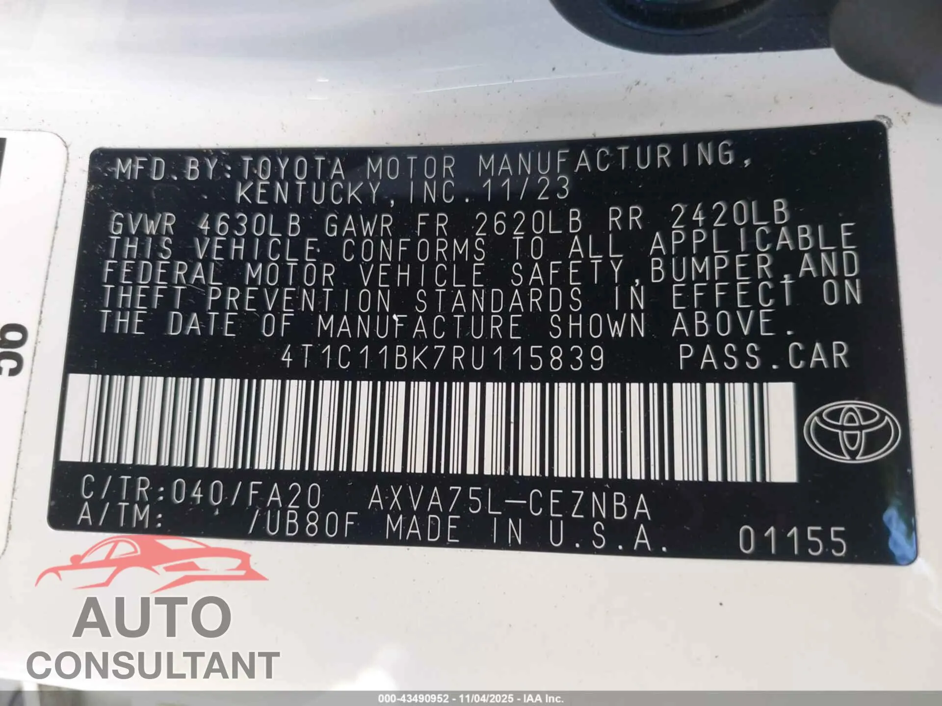 2024 TOYOTA CAMRY Damaged VIN 4T1C11BK7RU115839 – trunk area