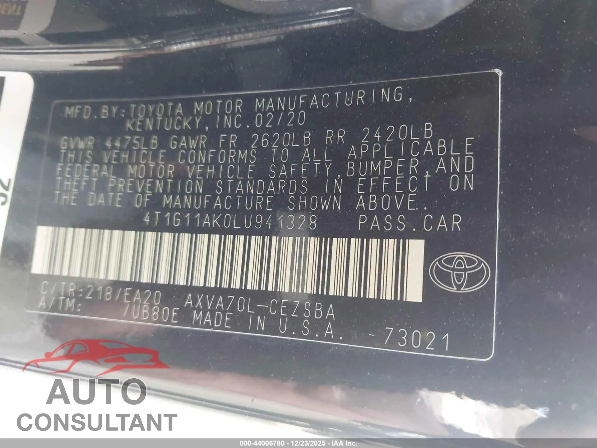 2020 TOYOTA CAMRY Damaged VIN 4T1G11AK0LU941328 – trunk area