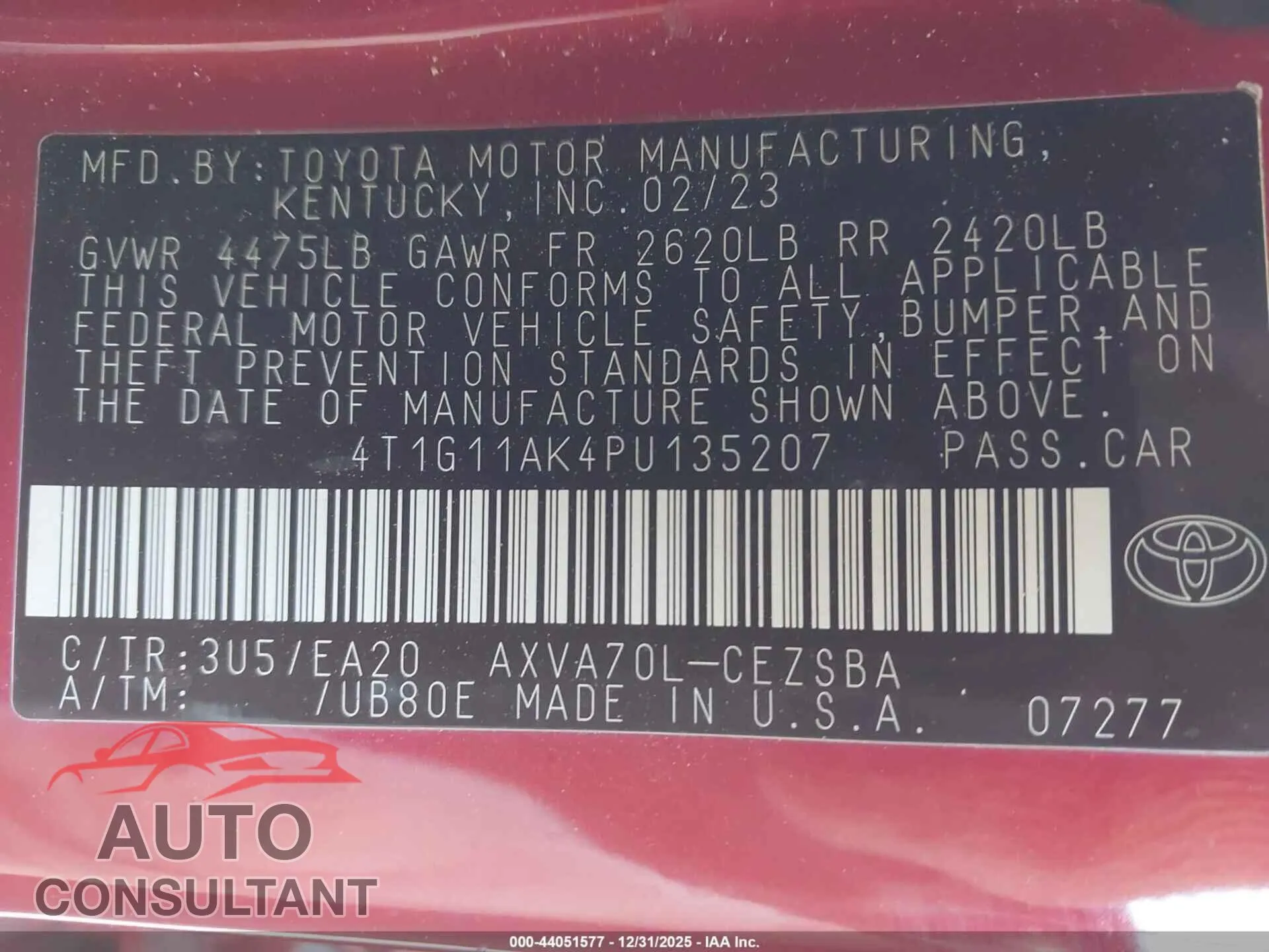 2023 TOYOTA CAMRY Damaged VIN 4T1G11AK4PU135207 – trunk area 2023 TOYOTA CAMRY Damaged VIN 4T1G11AK4PU135207 – trunk area