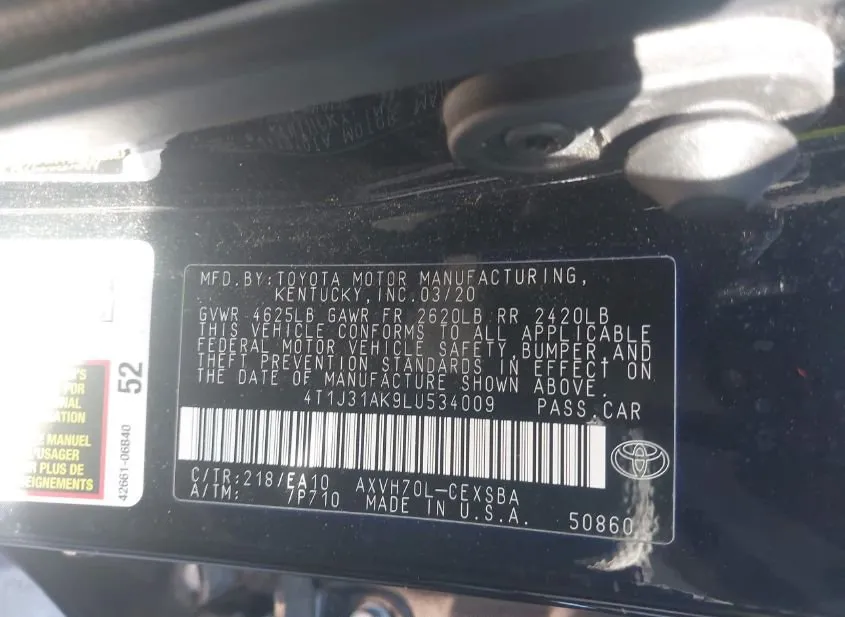 2020 TOYOTA Camry Used VIN 4T1J31AK9LU534009 – engine bay