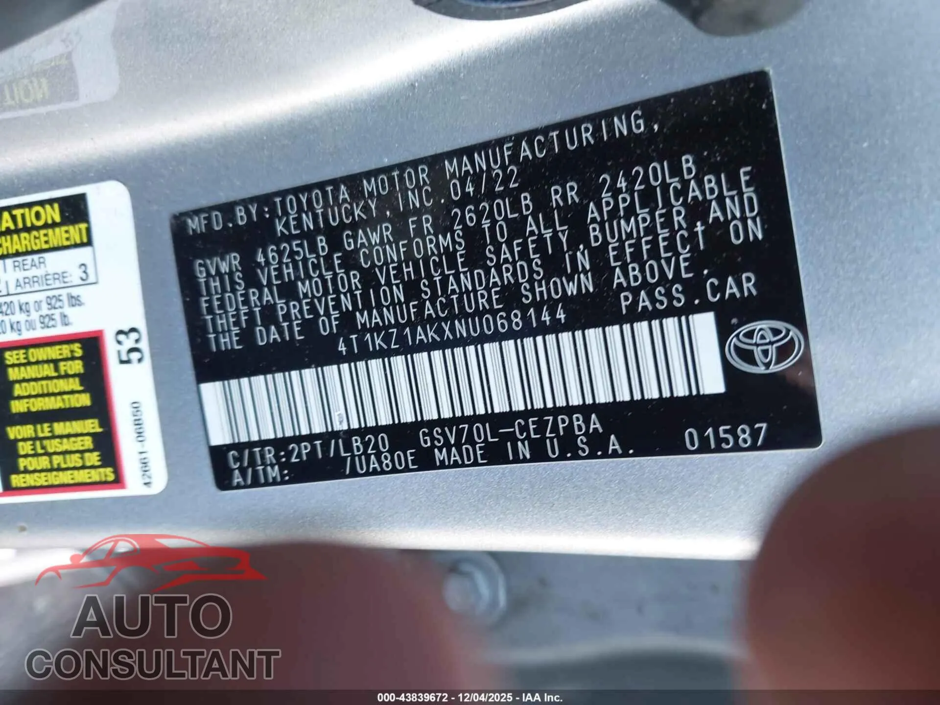 2022 TOYOTA CAMRY Damaged VIN 4T1KZ1AKXNU068144 – trunk area