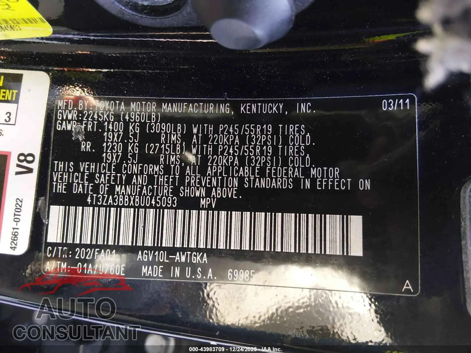 2011 TOYOTA VENZA Damaged VIN 4T3ZA3BBXBU045093 – trunk area
