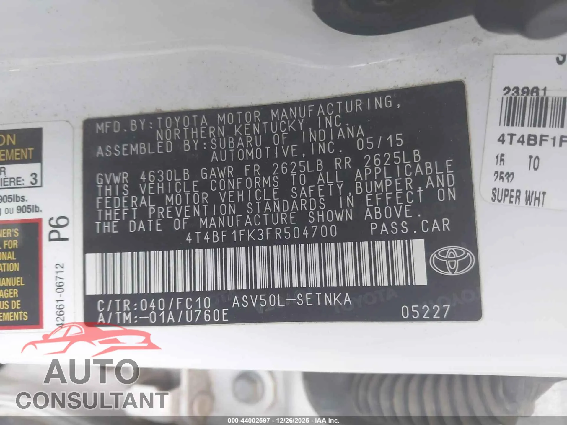 2015 TOYOTA CAMRY Damaged VIN 4T4BF1FK3FR504700 – trunk area