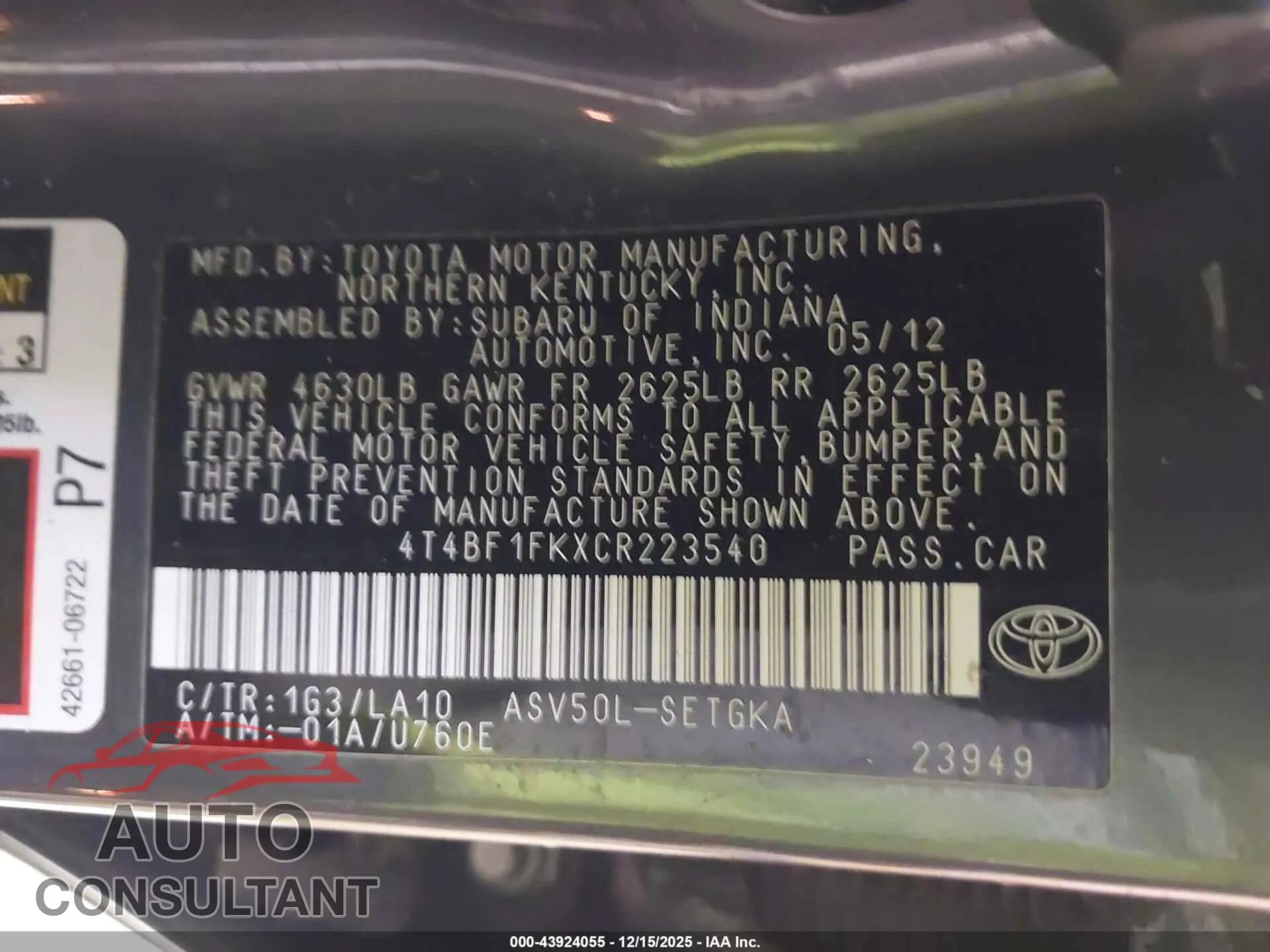 2012 TOYOTA CAMRY Damaged VIN 4T4BF1FKXCR223540 – trunk area