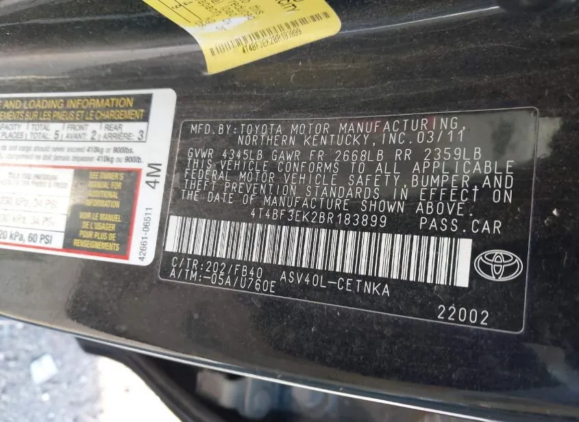 2011 TOYOTA Camry Used VIN 4T4BF3EK2BR183899 – undercarriage