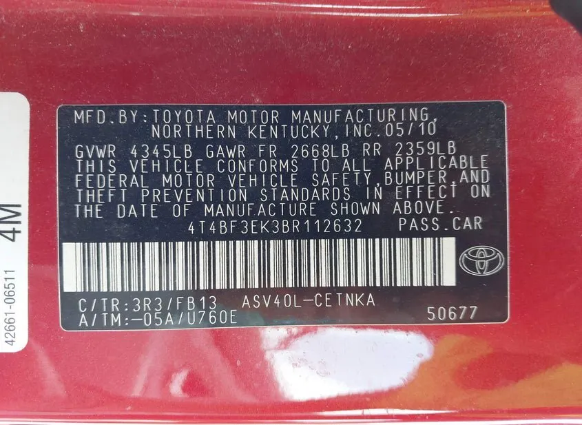 2011 TOYOTA Camry Used VIN 4T4BF3EK3BR112632 – trunk area