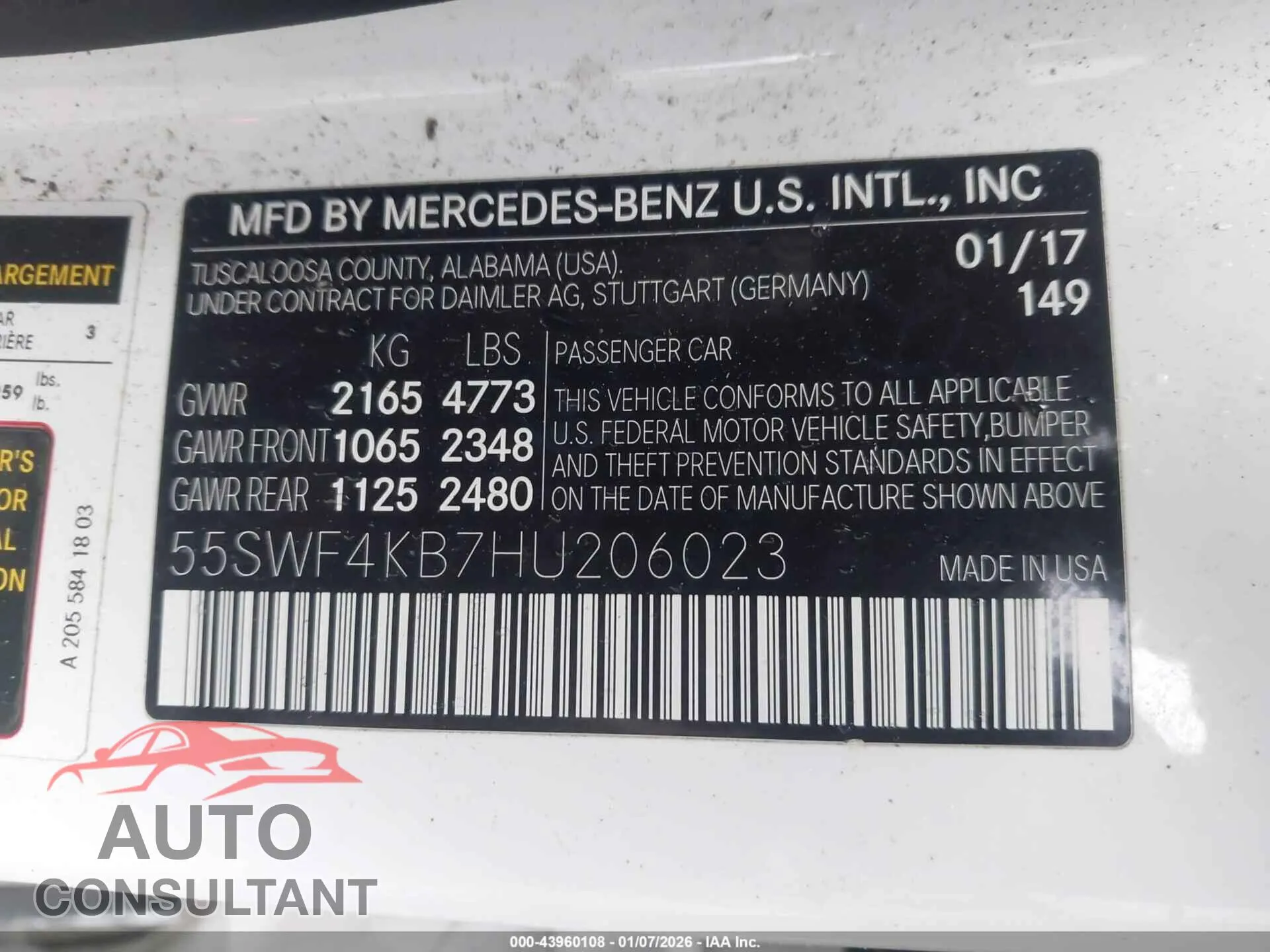 2017 MERCEDES-BENZ C 300 Damaged VIN 55SWF4KB7HU206023 – trunk area