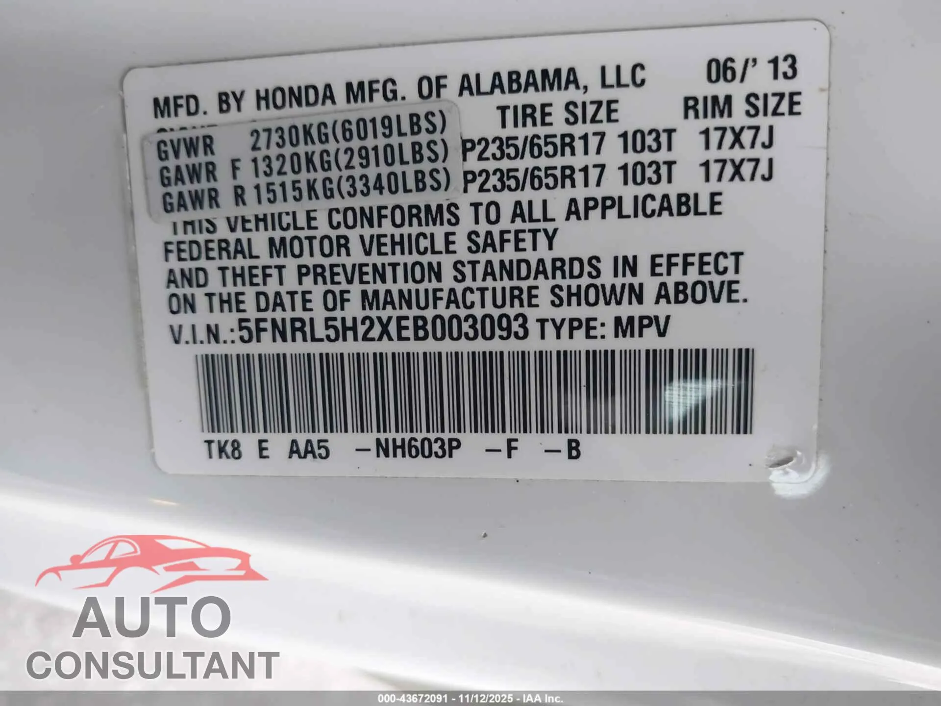 2014 HONDA ODYSSEY Damaged VIN 5FNRL5H2XEB003093 – trunk area