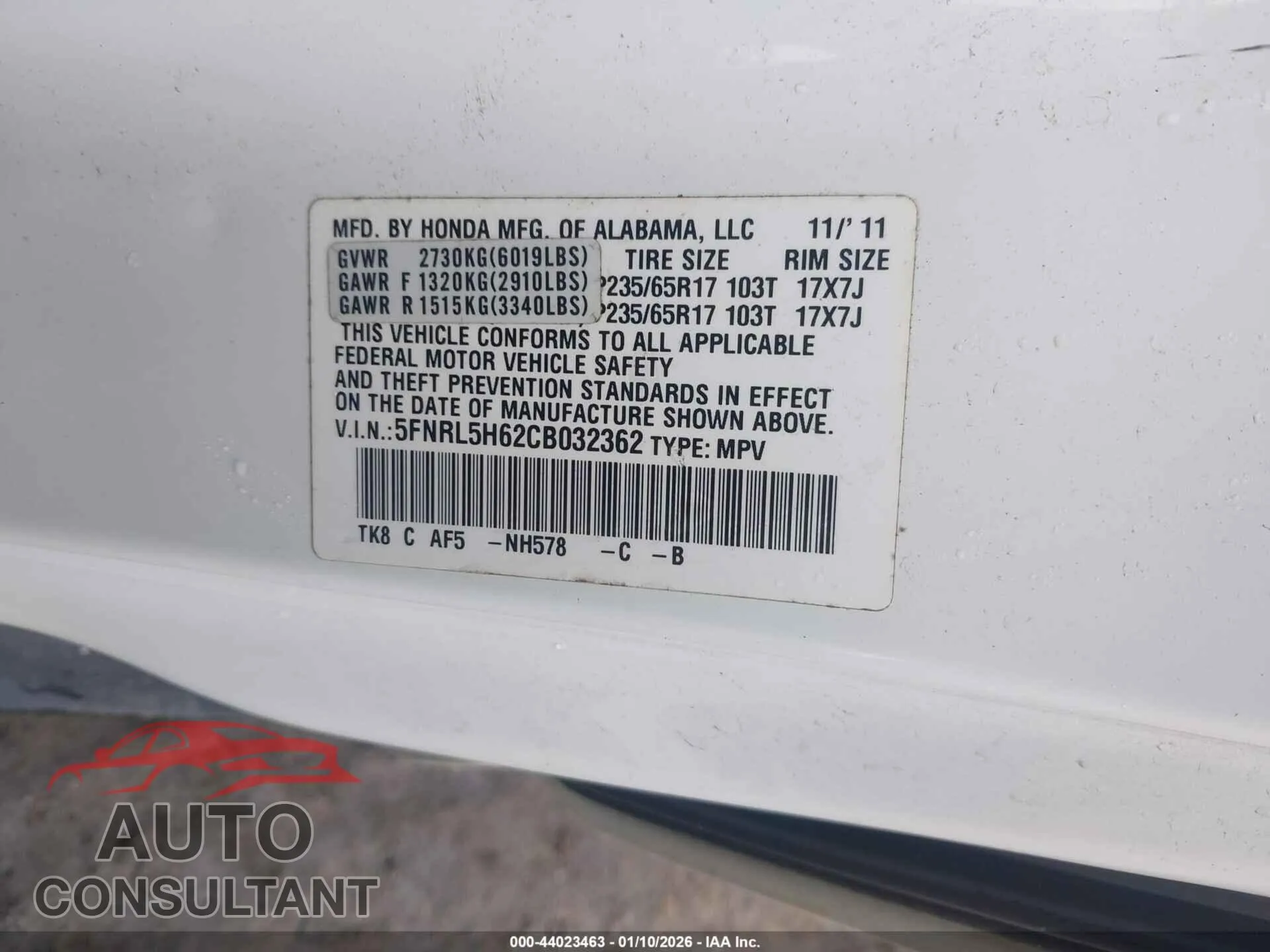 2012 HONDA ODYSSEY Damaged VIN 5FNRL5H62CB032362 – trunk area