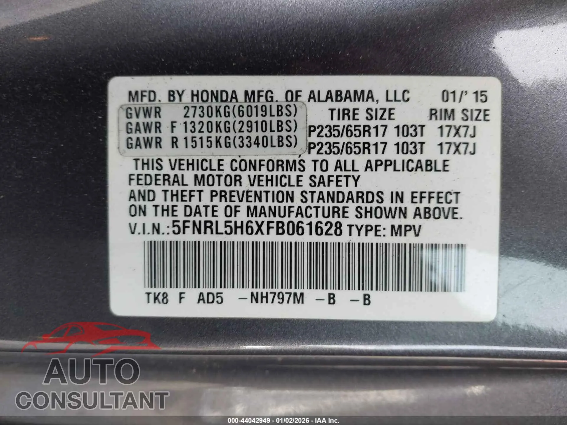 2015 HONDA ODYSSEY Damaged VIN 5FNRL5H6XFB061628 – trunk area