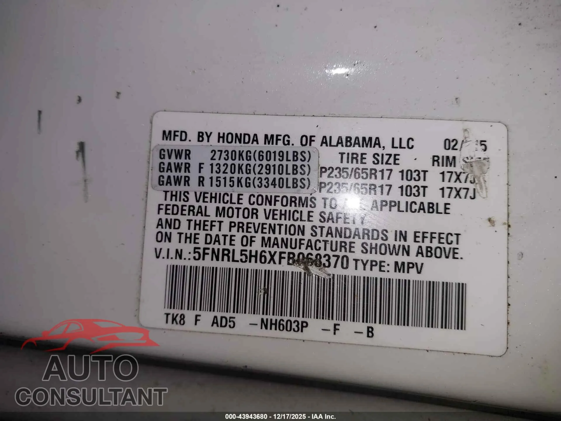 2015 HONDA ODYSSEY Damaged VIN 5FNRL5H6XFB068370 – trunk area