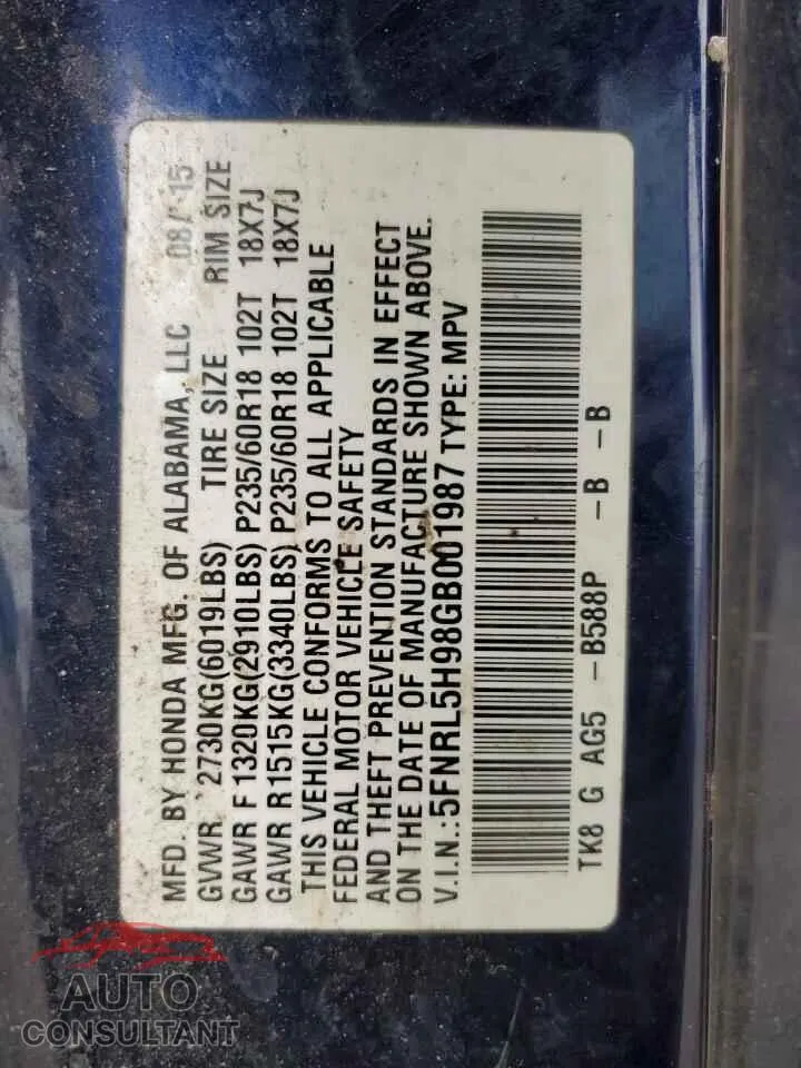 2016 HONDA ODYSSEY Damaged VIN 5FNRL5H98GB001987 – photo 13