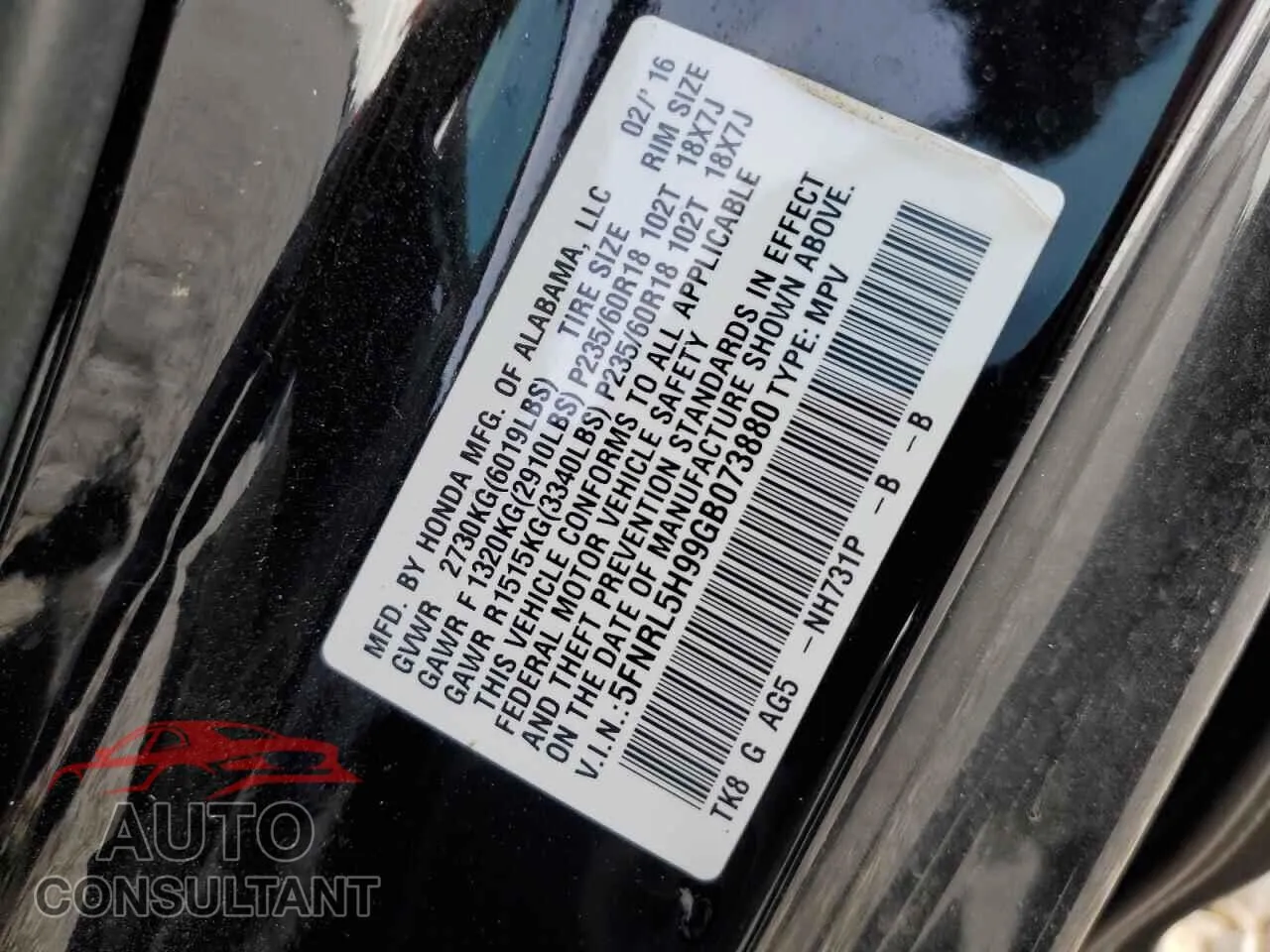 2016 HONDA ODYSSEY Damaged VIN 5FNRL5H99GB073880 – photo 13