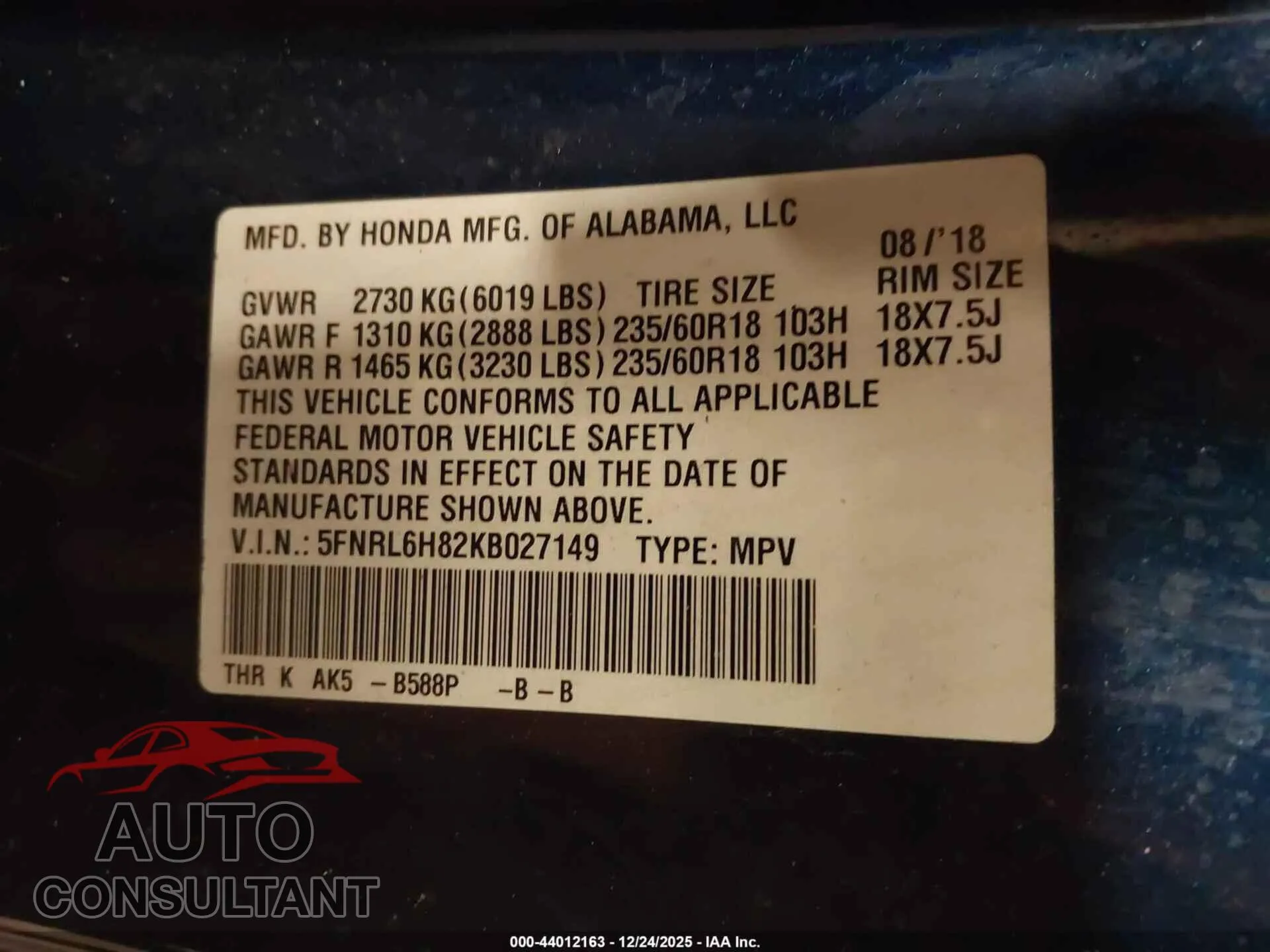 2019 HONDA ODYSSEY Damaged VIN 5FNRL6H82KB027149 – trunk area