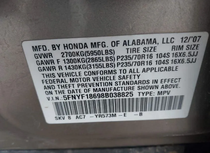 2008 HONDA Pilot Used VIN 5FNYF18698B038825 – exterior detail